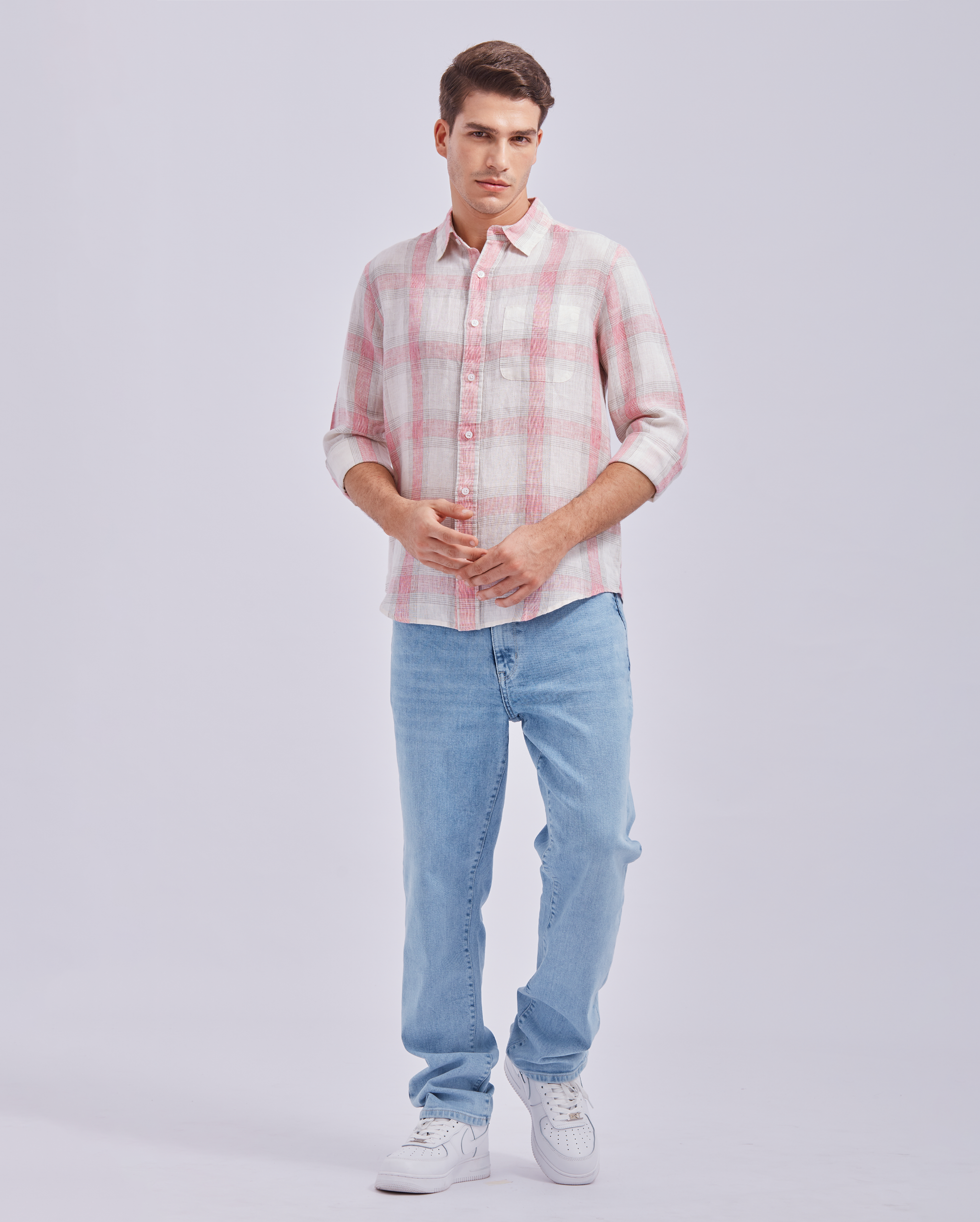 Soft Pink And White Linen Check Shirt
