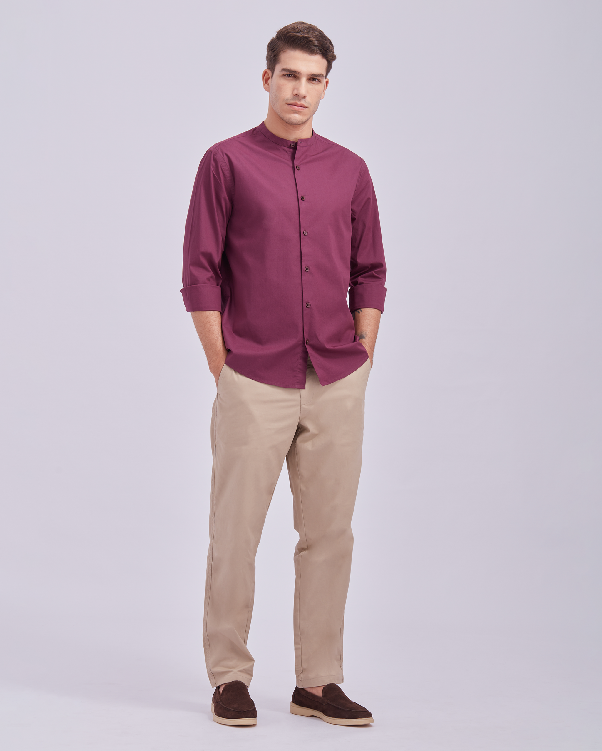 Deep Wine Mandarin Collar Shirt