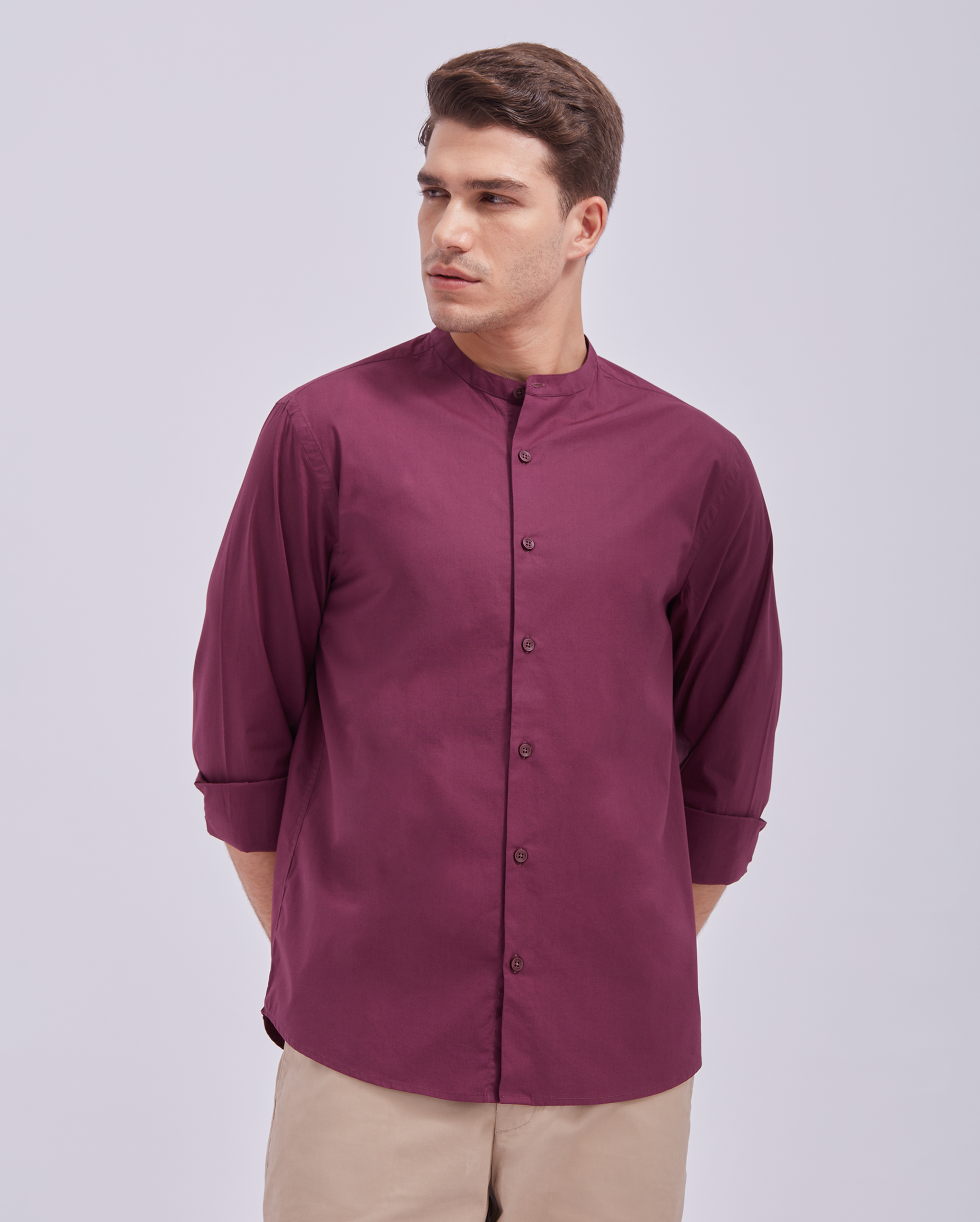 Deep Wine Mandarin Collar Shirt