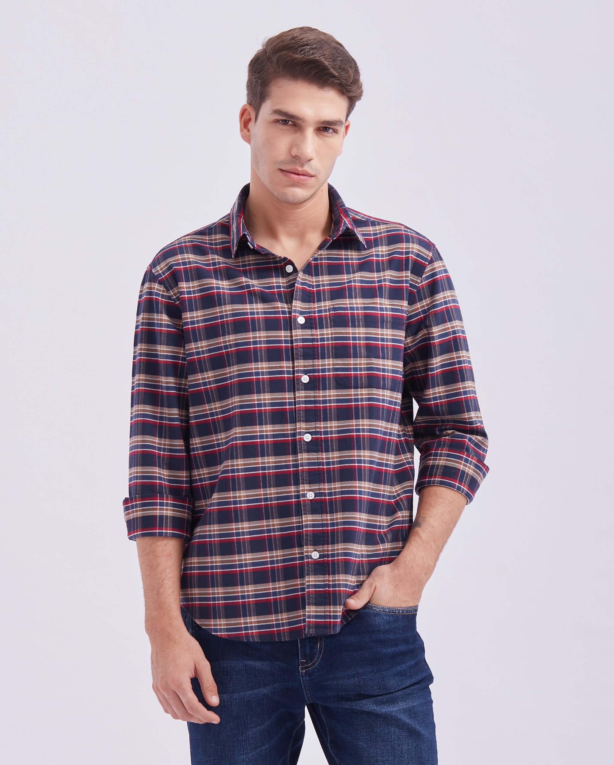 Navy Blue And Red Check Shirt