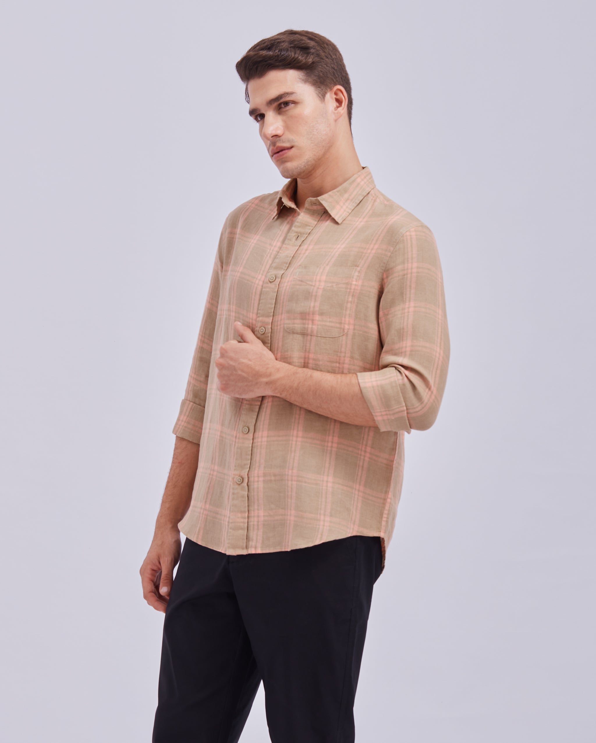 Beige Linen Check Shirt