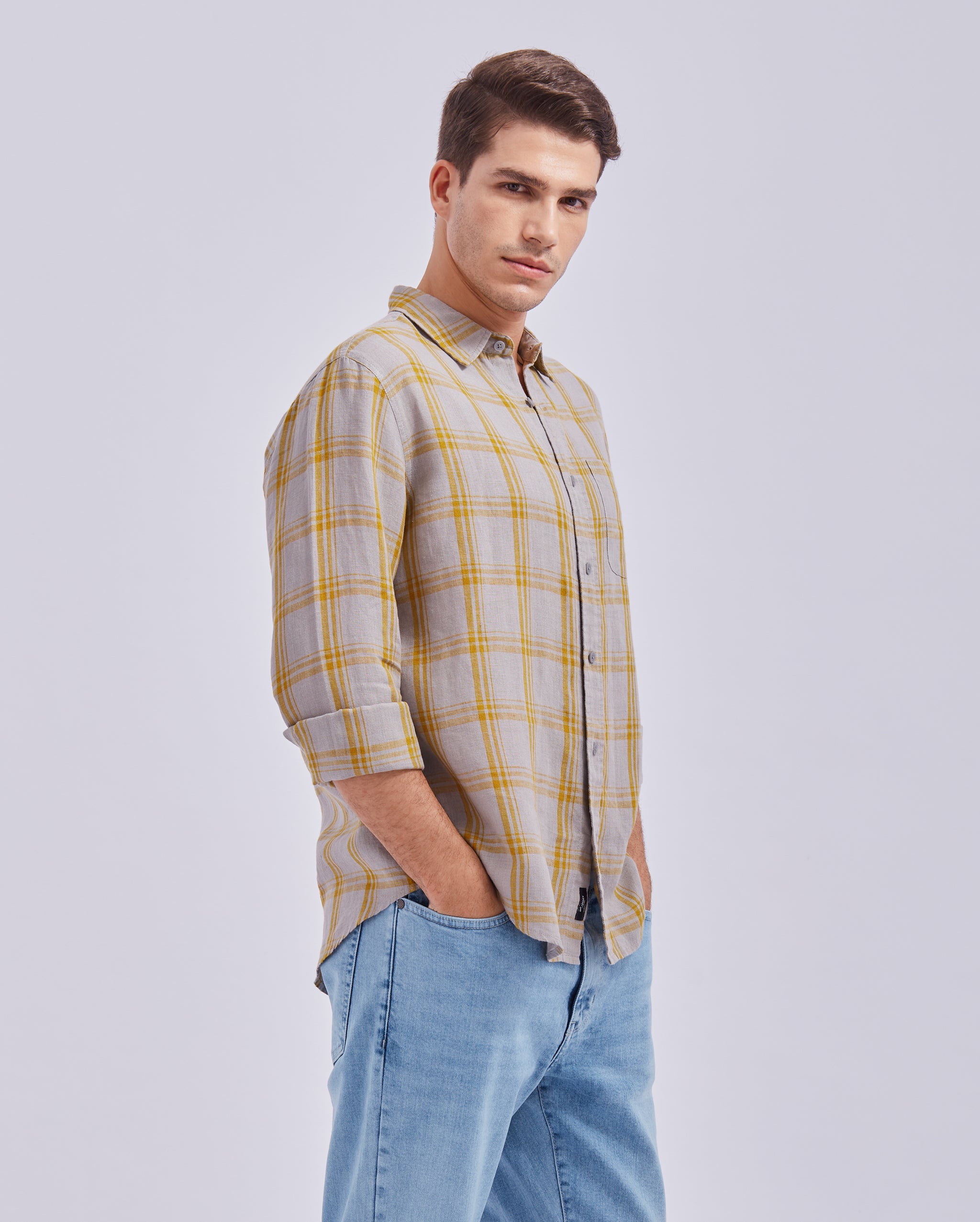 Grey And Yellow Linen Check Shirt