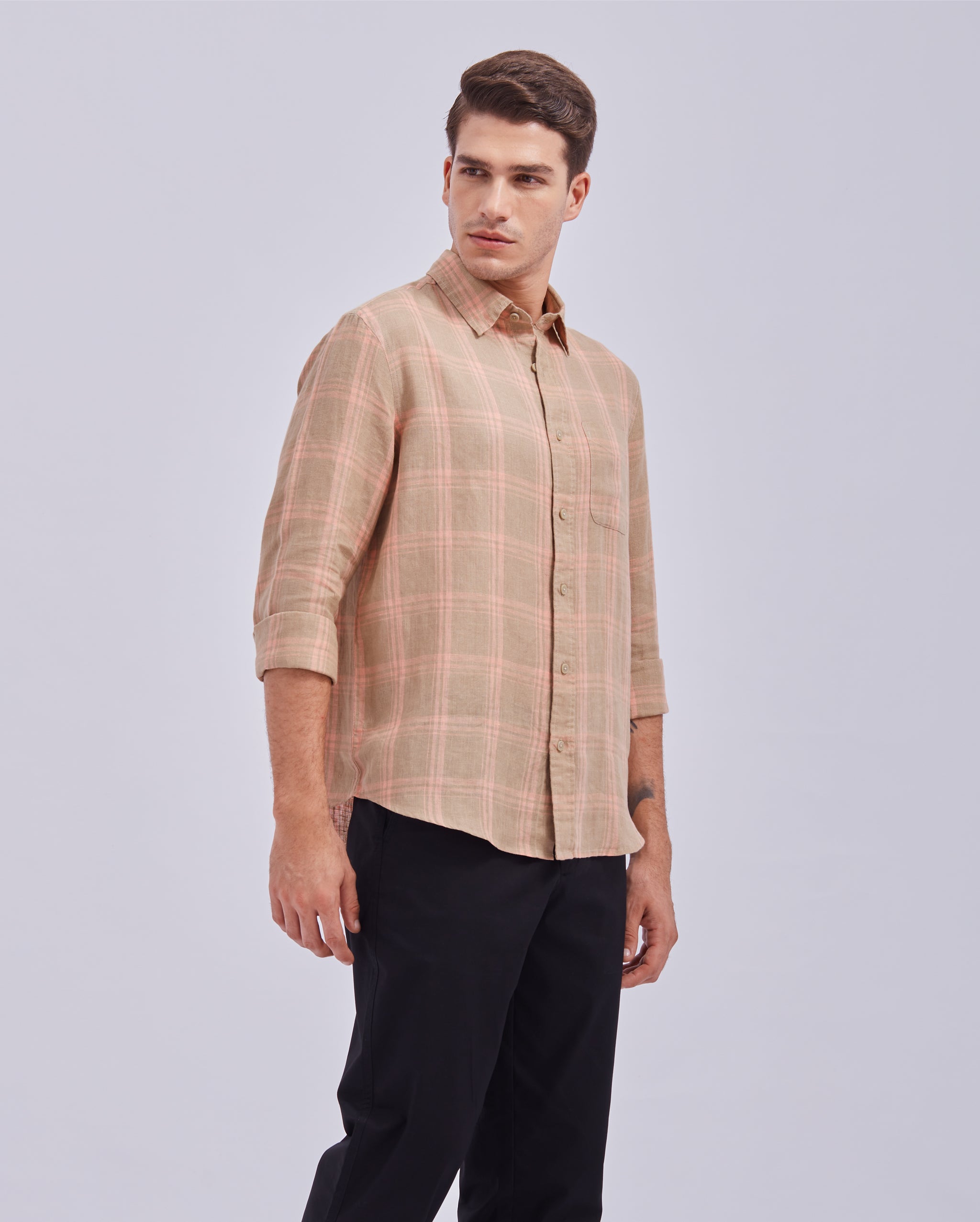 Beige Linen Check Shirt