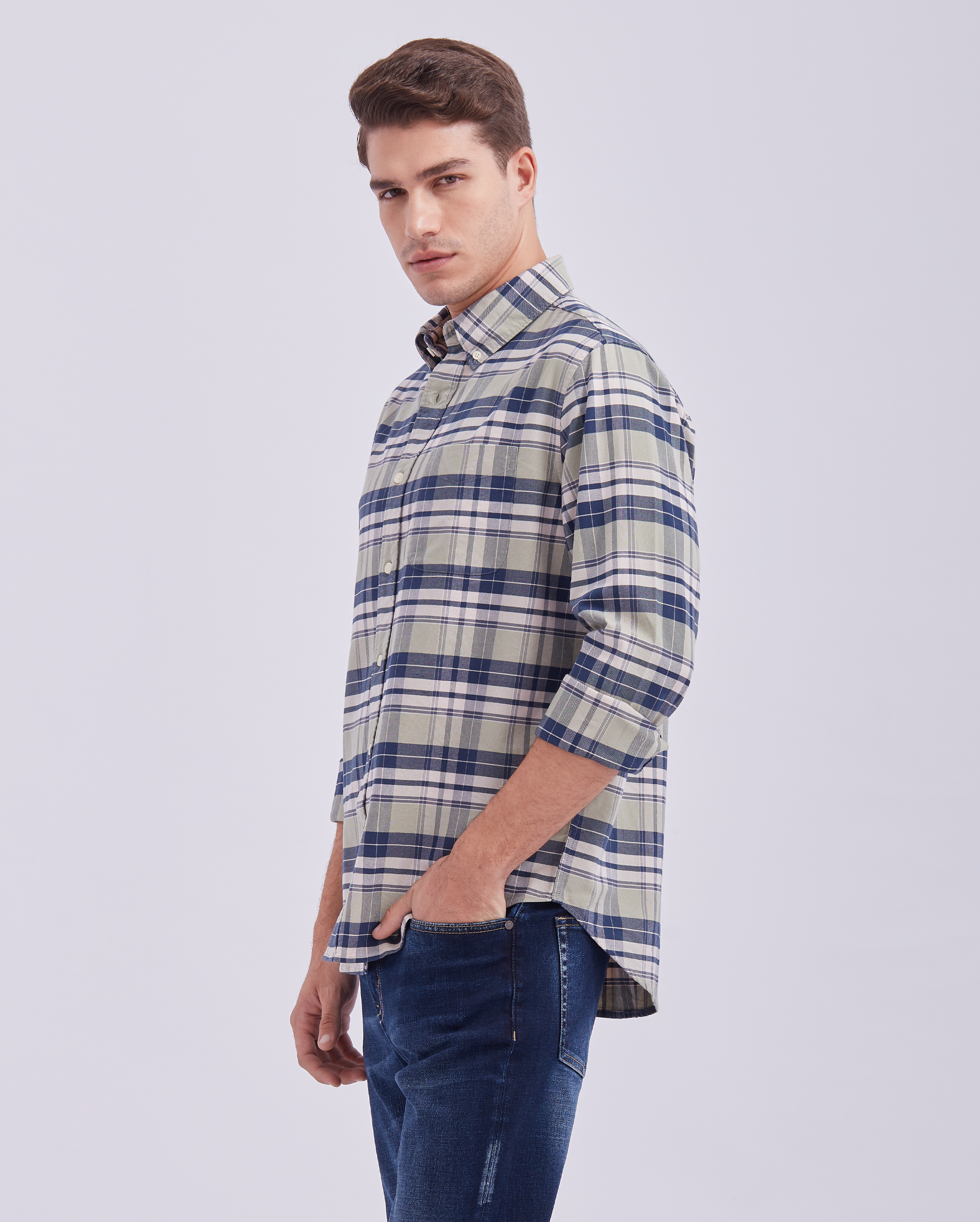 Sand And Navy Check Shirt