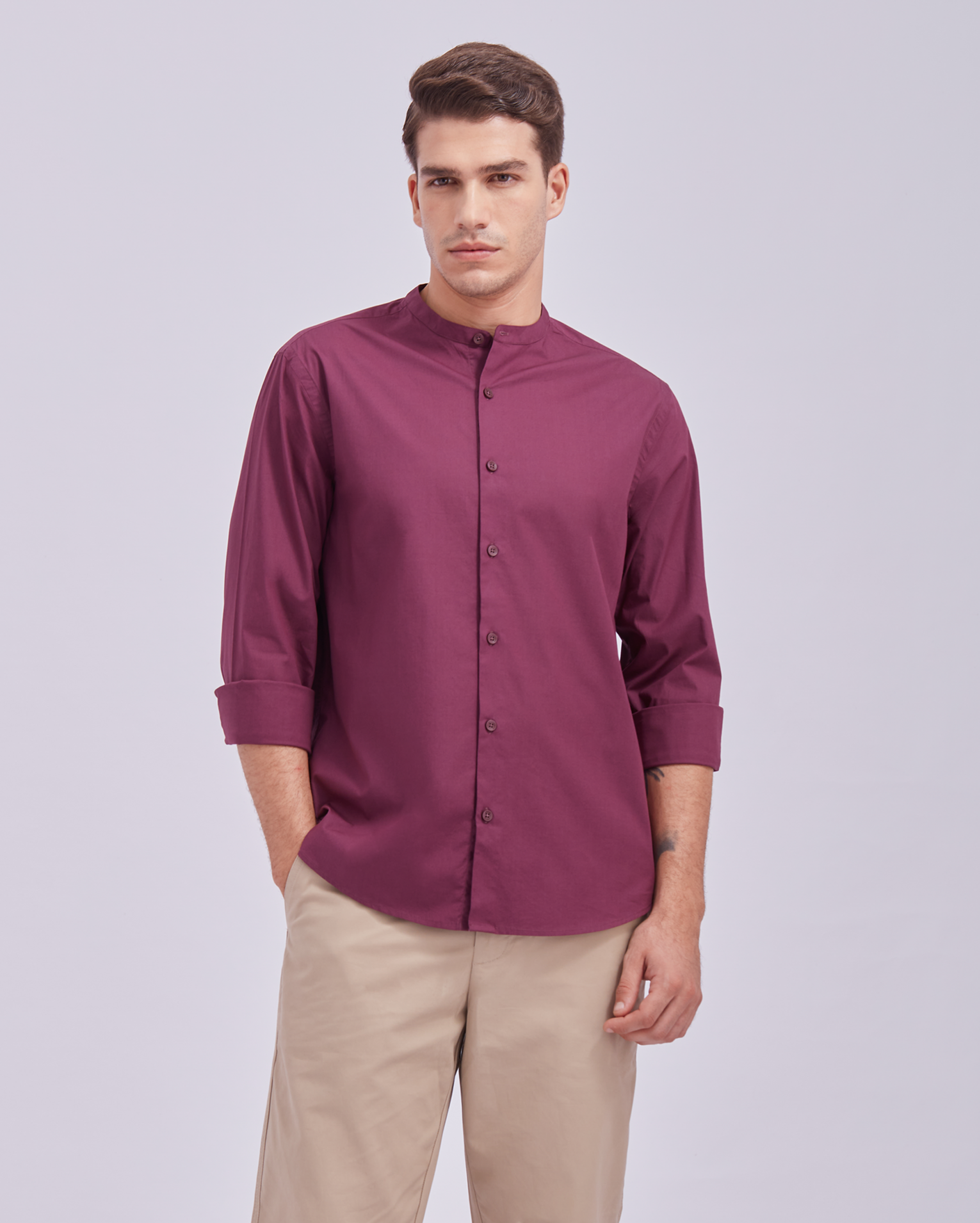 Deep Wine Mandarin Collar Shirt