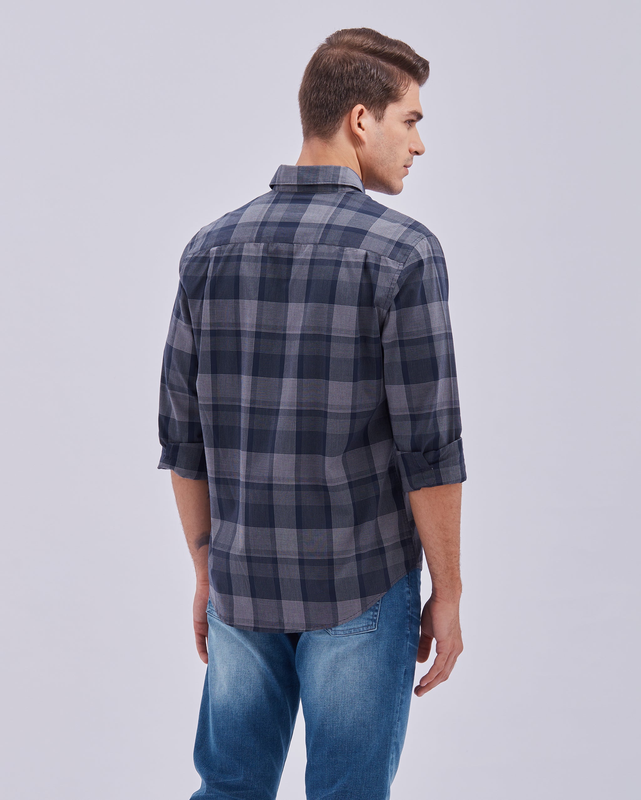 Navy Blue And Grey Check Shirt