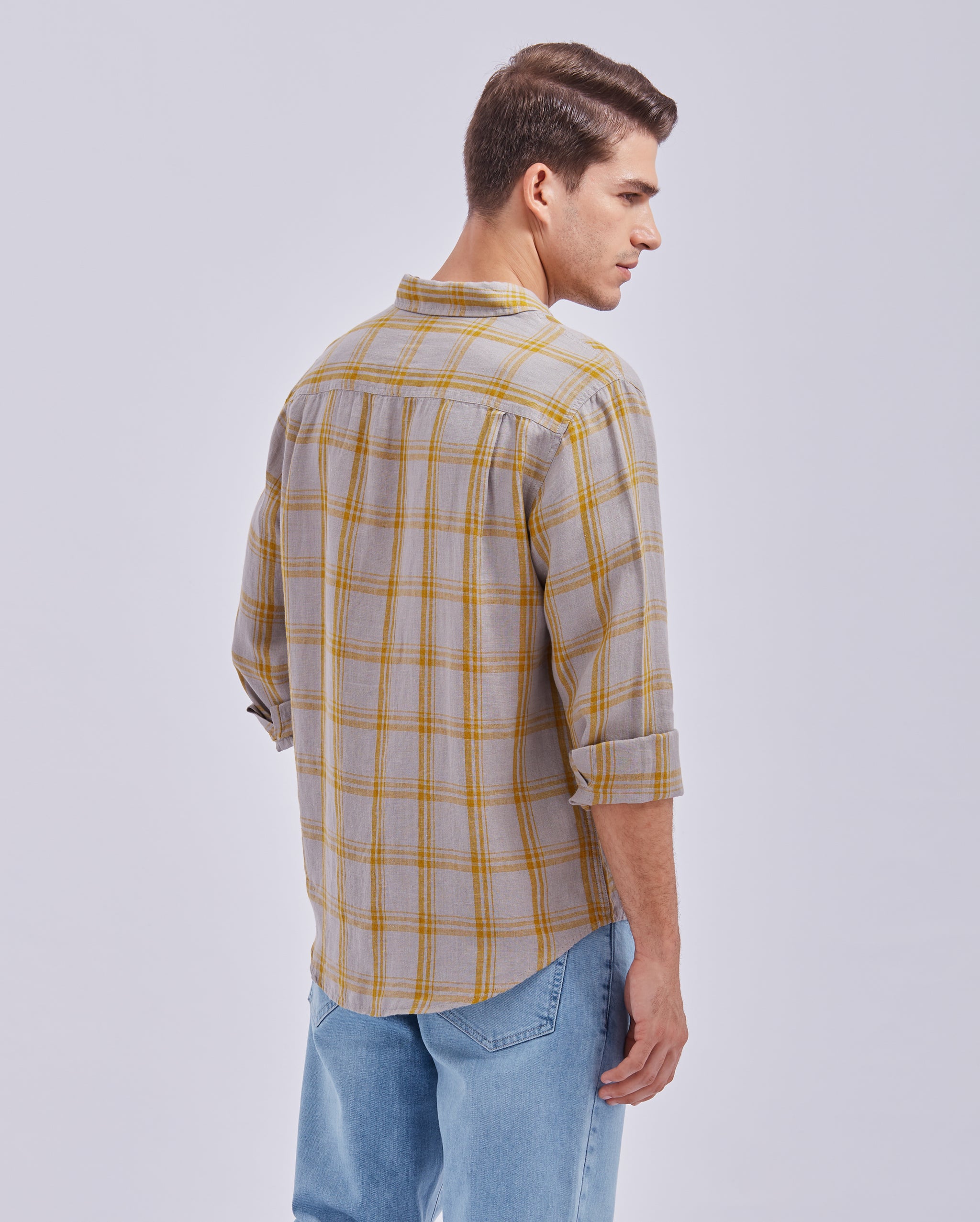 Grey And Yellow Linen Check Shirt