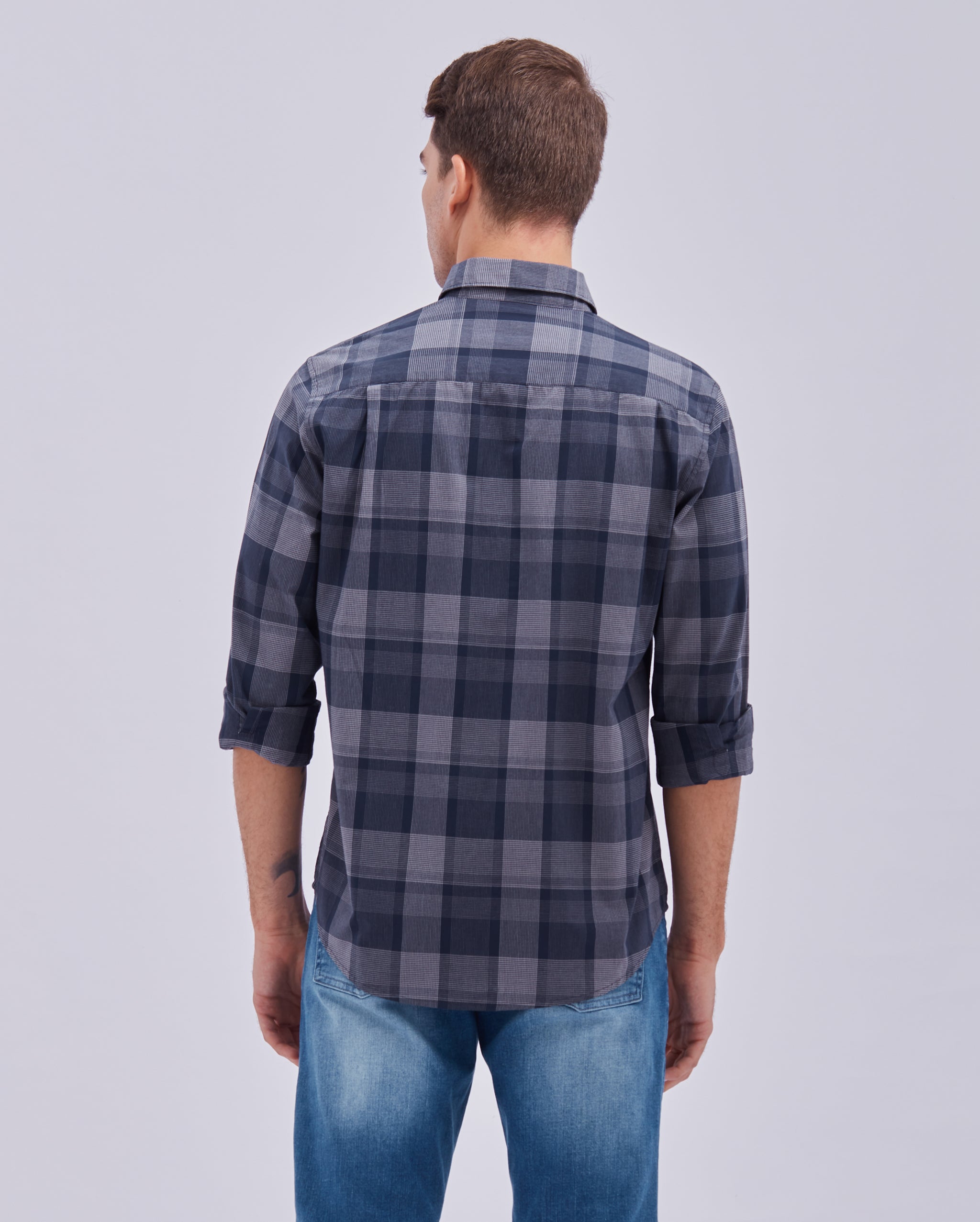 Navy Blue And Grey Check Shirt