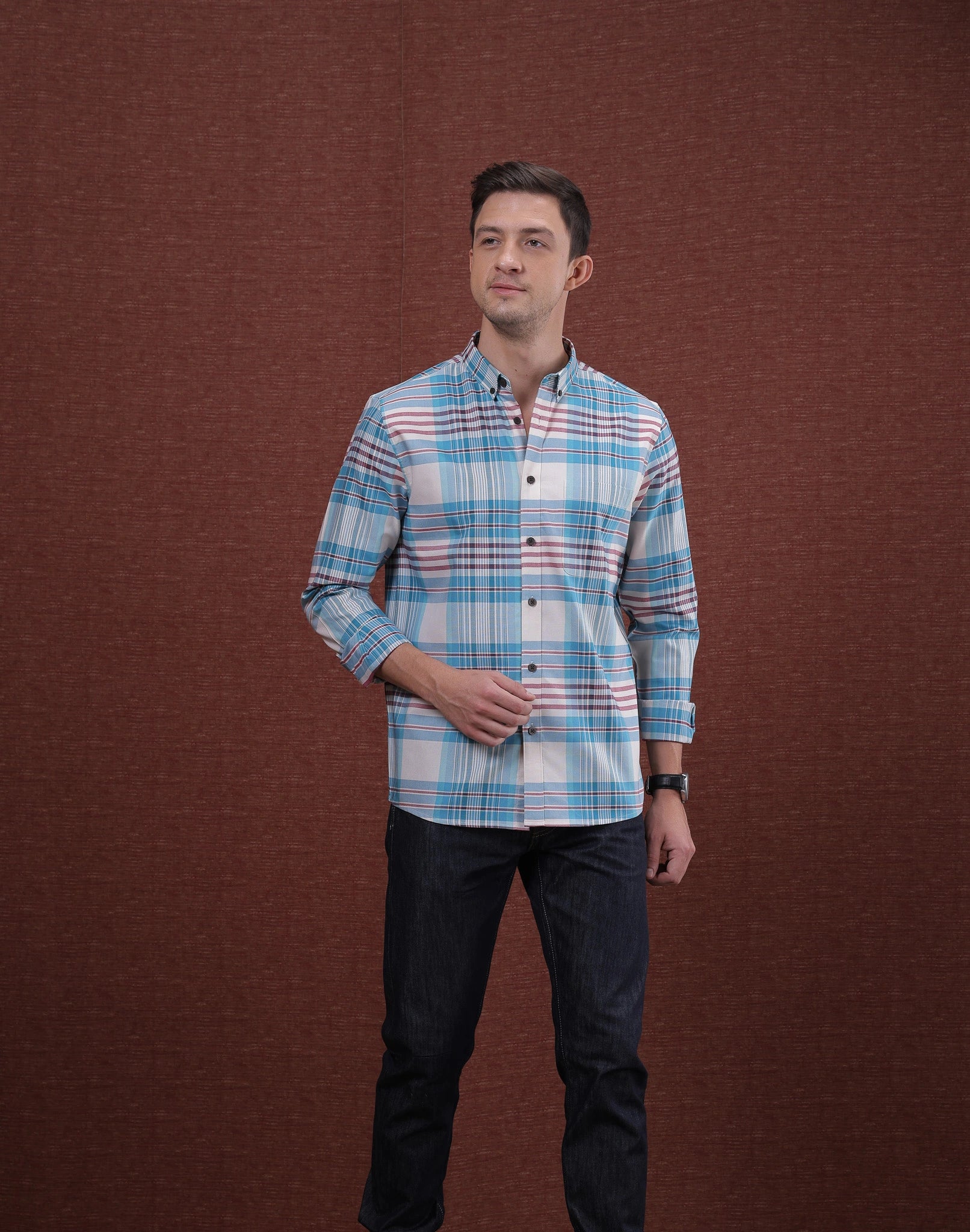 White And Cyan Check Shirt
