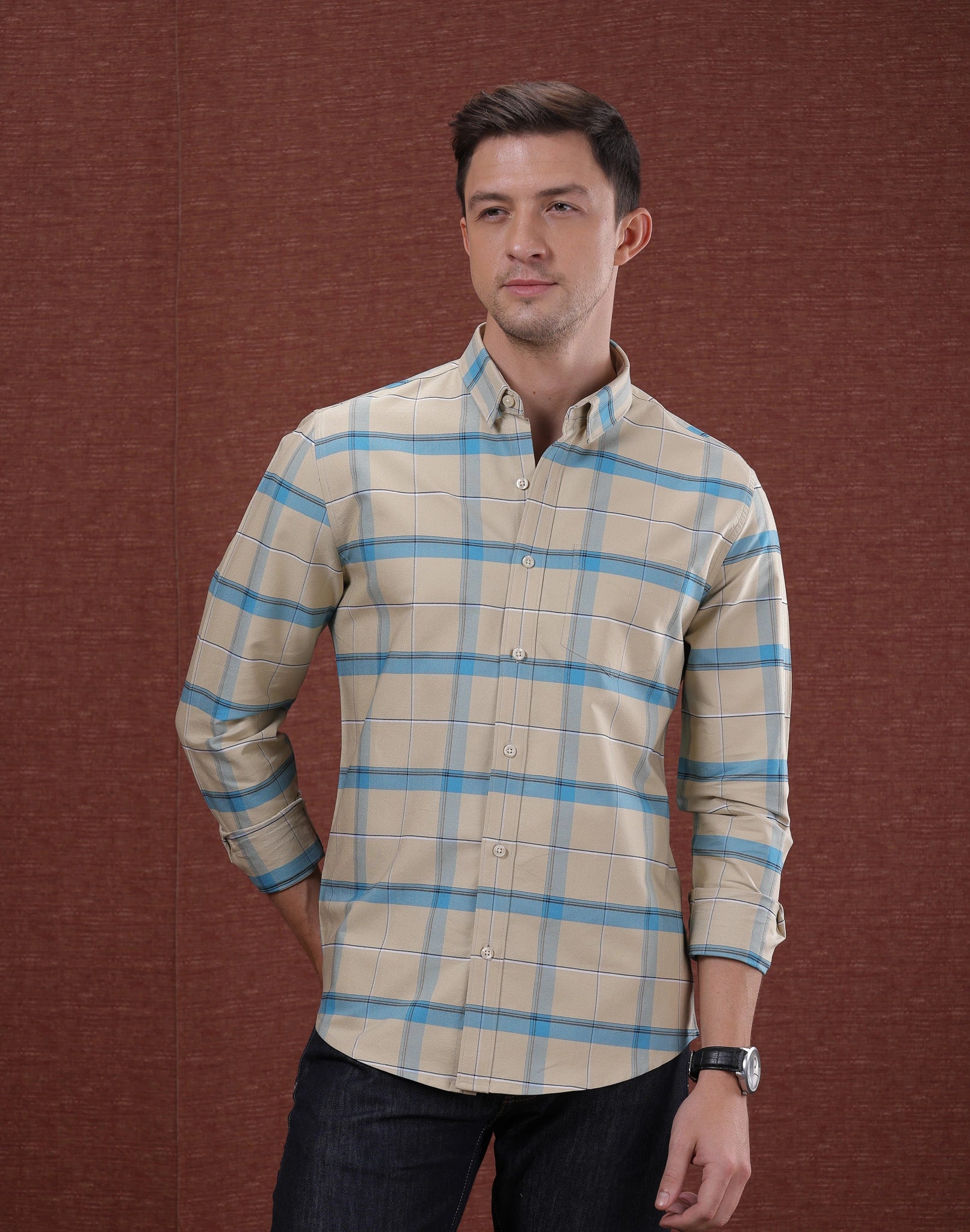 Cream And Blue Box Check Shirt