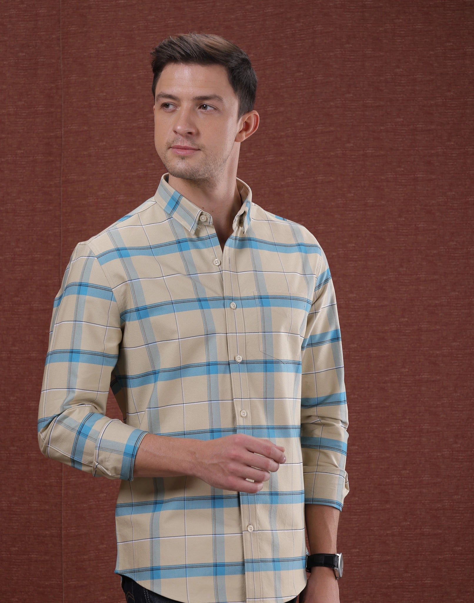 Cream And Blue Box Check Shirt