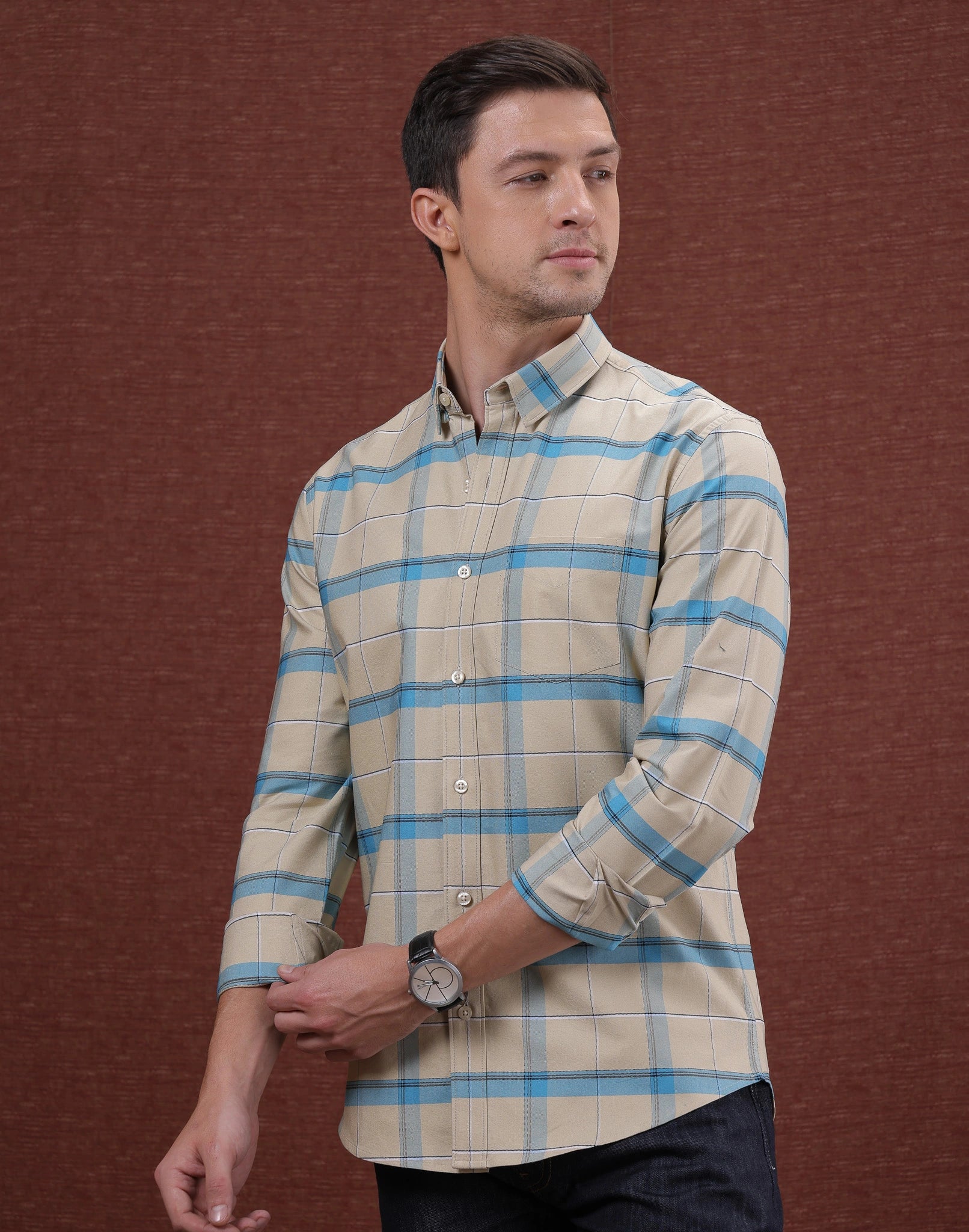 Cream And Blue Box Check Shirt