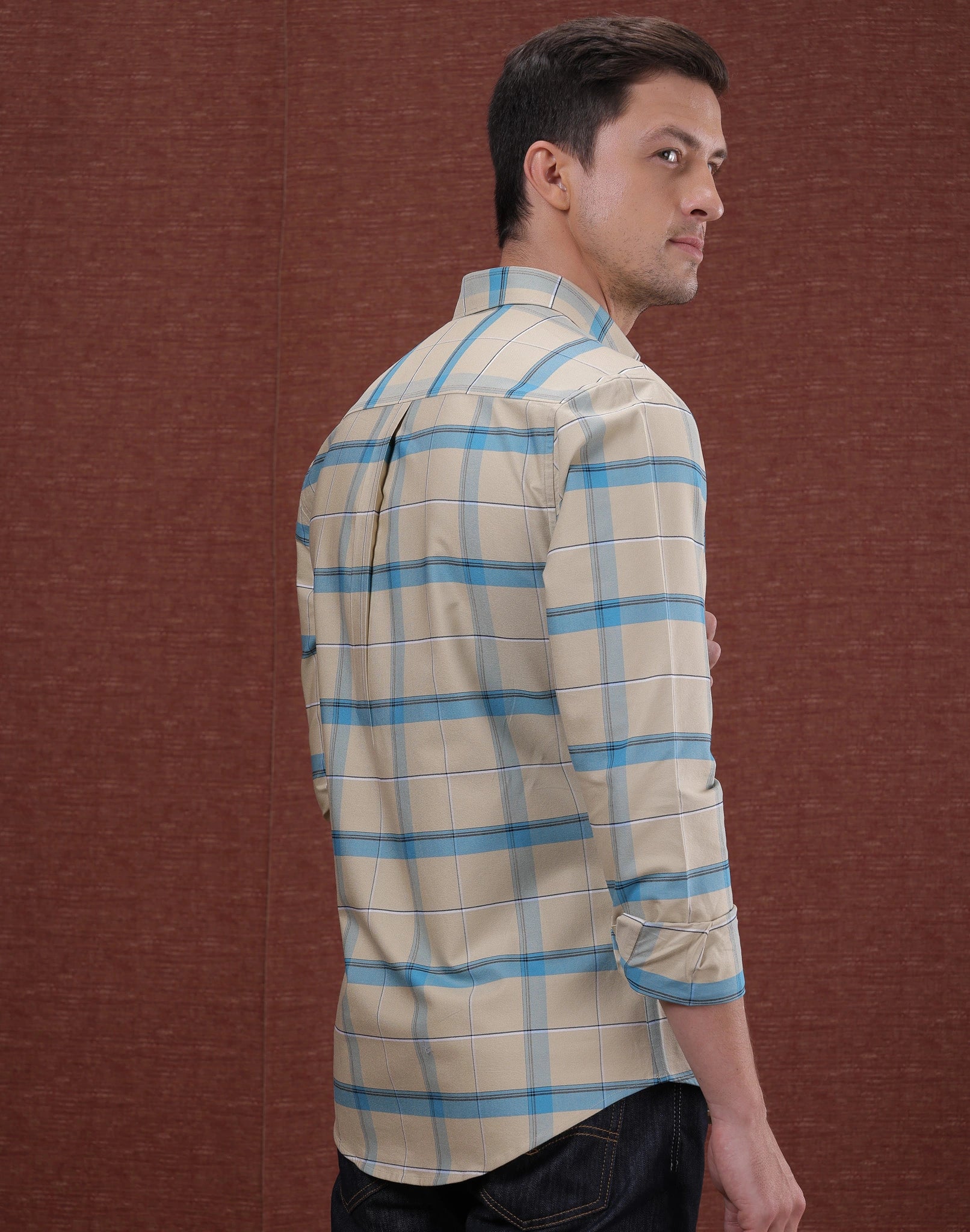 Cream And Blue Box Check Shirt