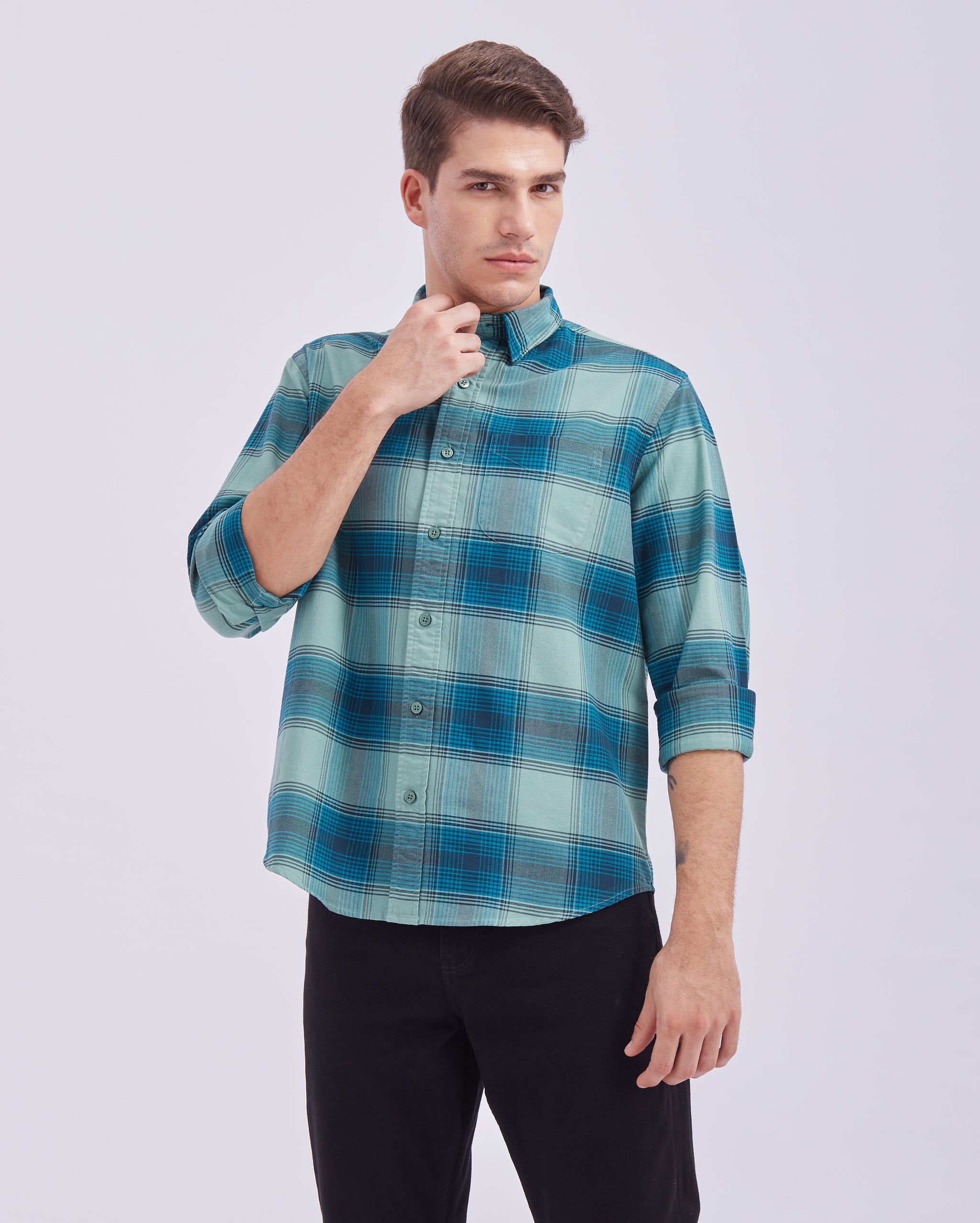 Teal And Black Check Shirt
