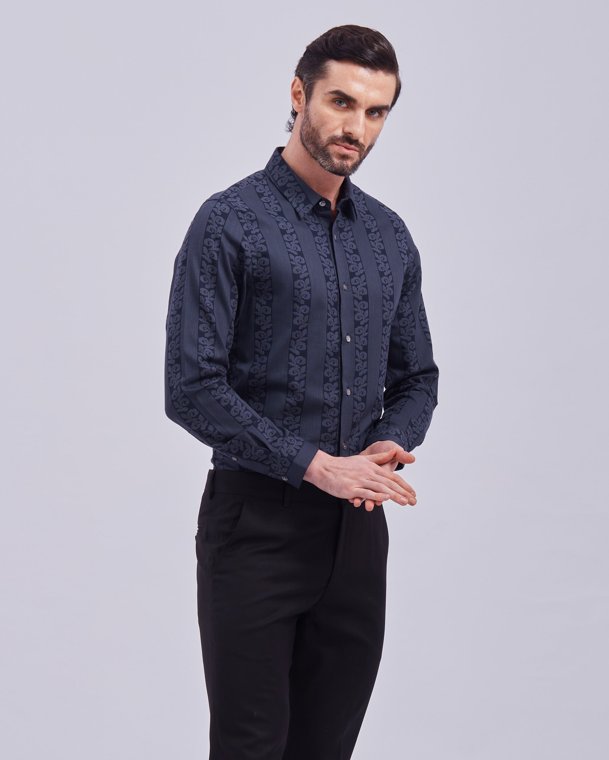 Navy Blue Jacquard Print Shirt