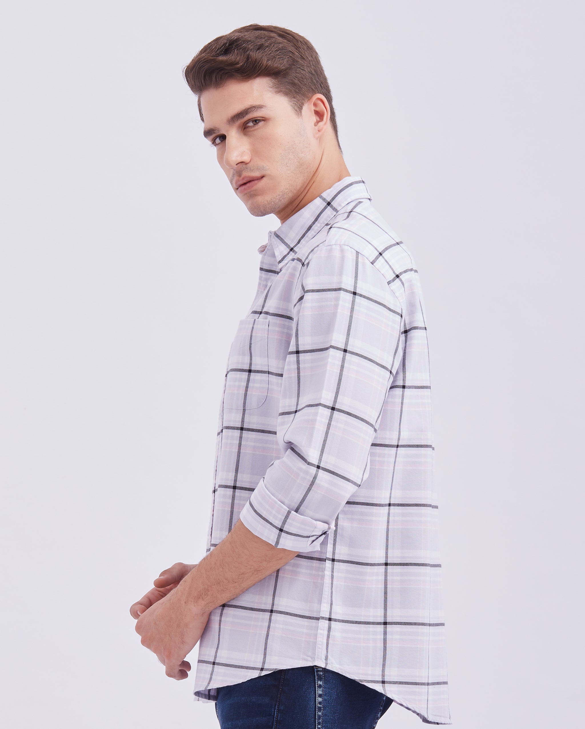 Pale Lilac And Grey Box Check Shirt