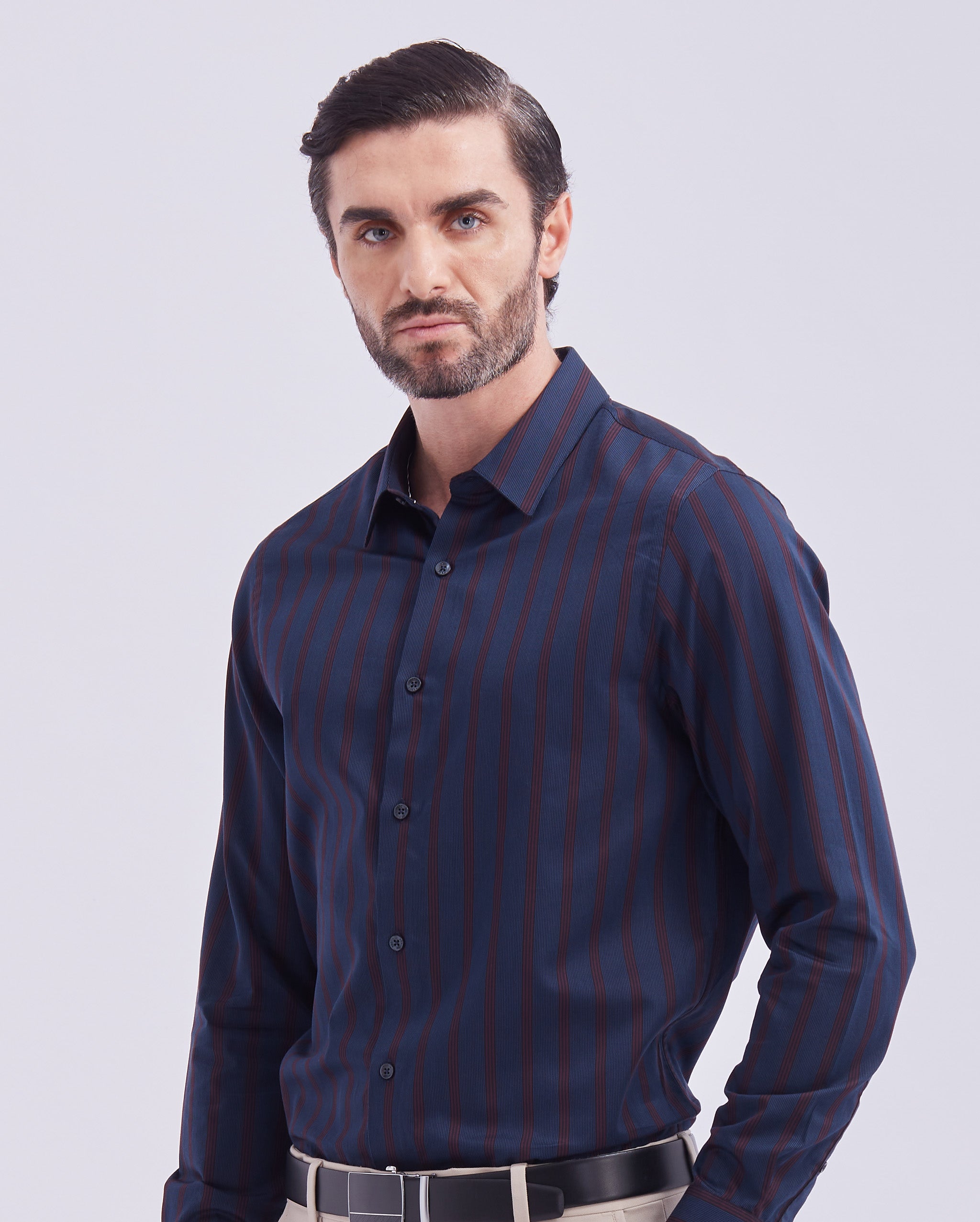 Navy Blue And Red Giza Stripe Shirt