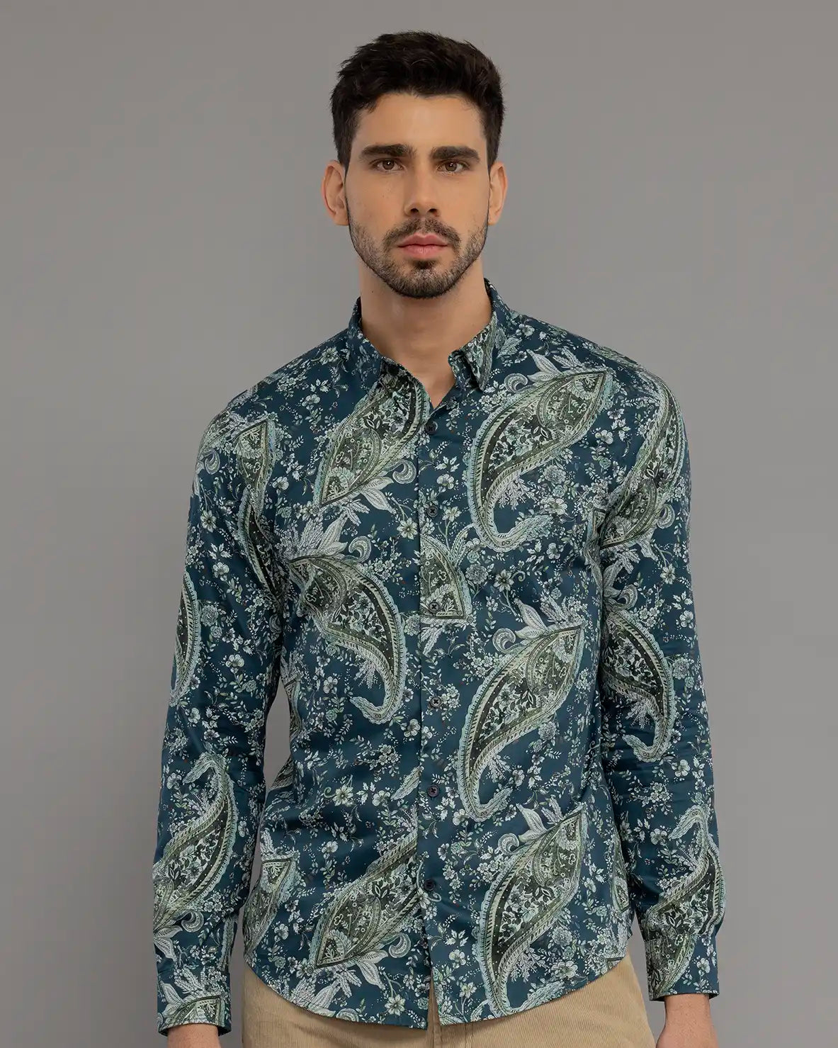 PEACOCK BLUE FLORAL PRINT SHIRT