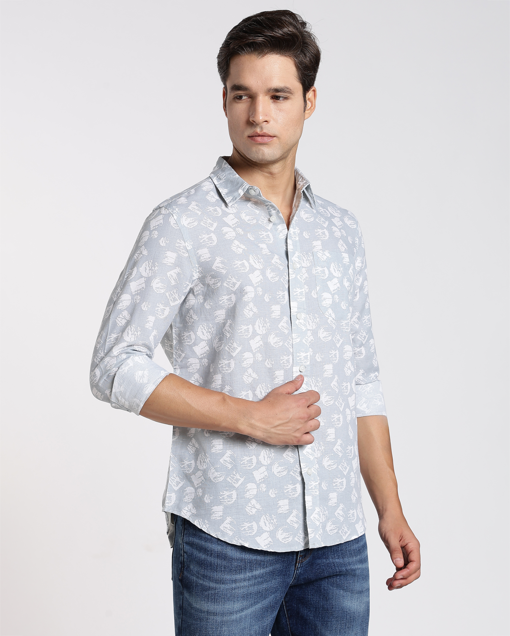Ash Grey and White Abstract Print Shirt