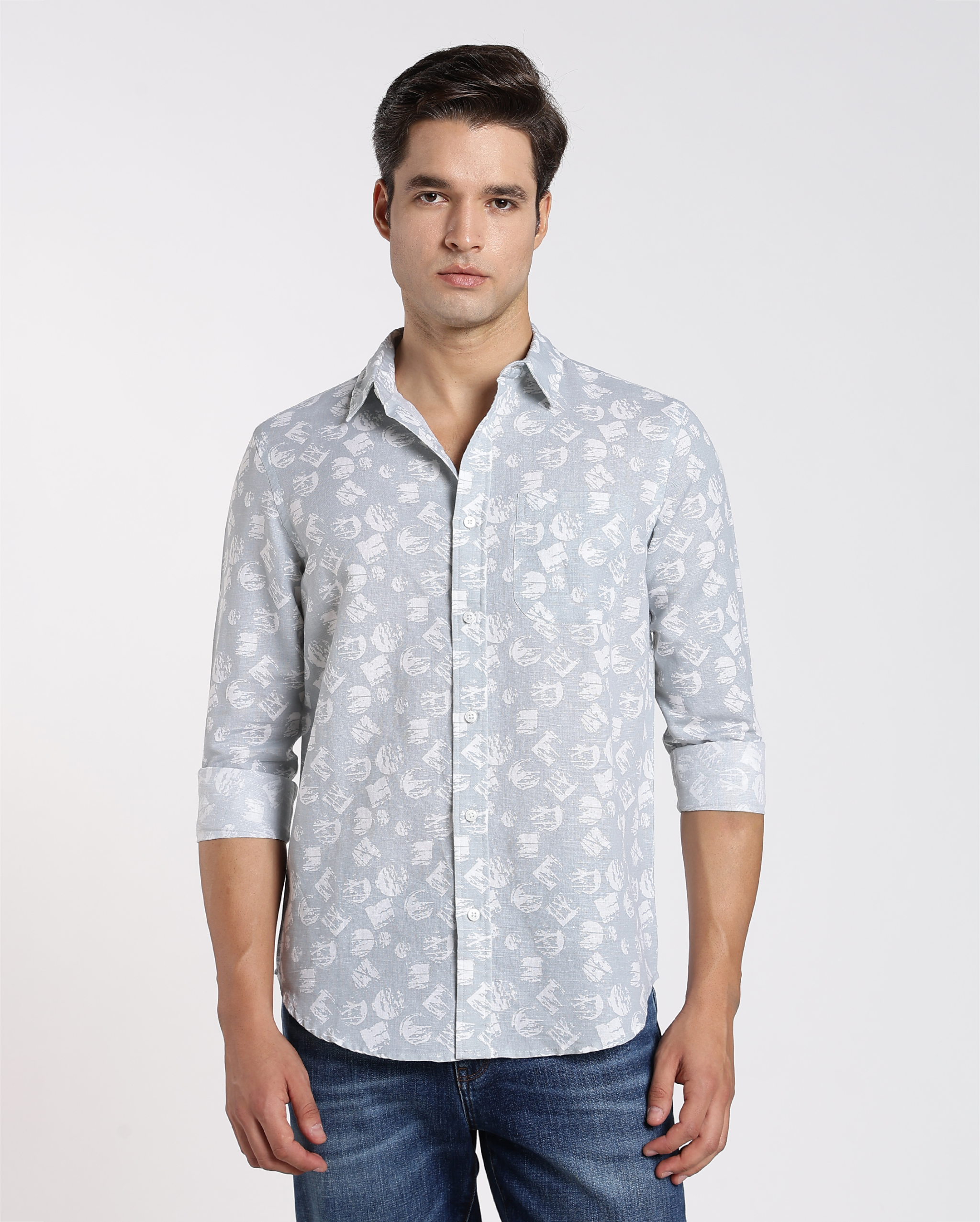 Ash Grey and White Abstract Print Shirt