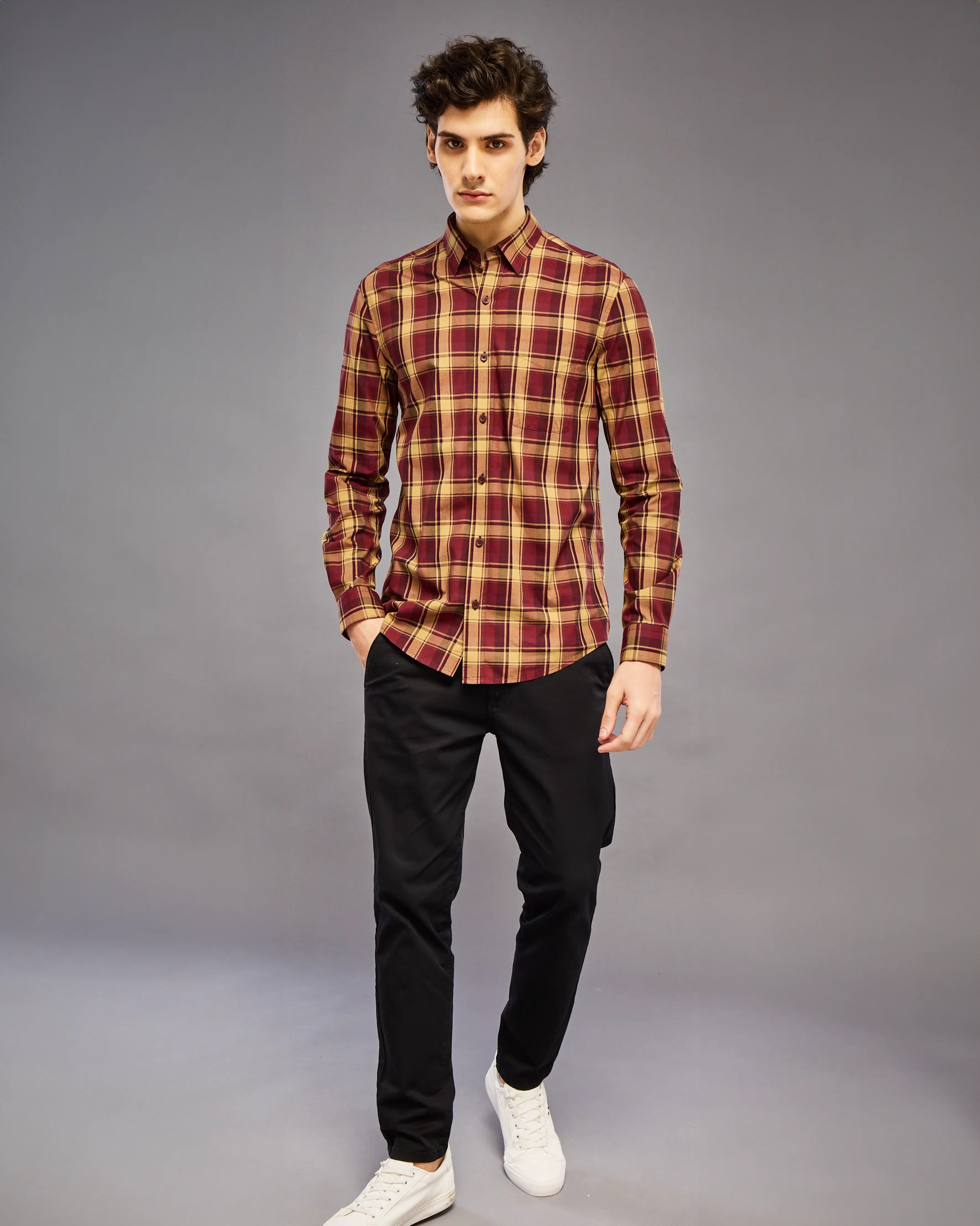 MAROON AND YELLOW TARTAN CHECK SHIRT
