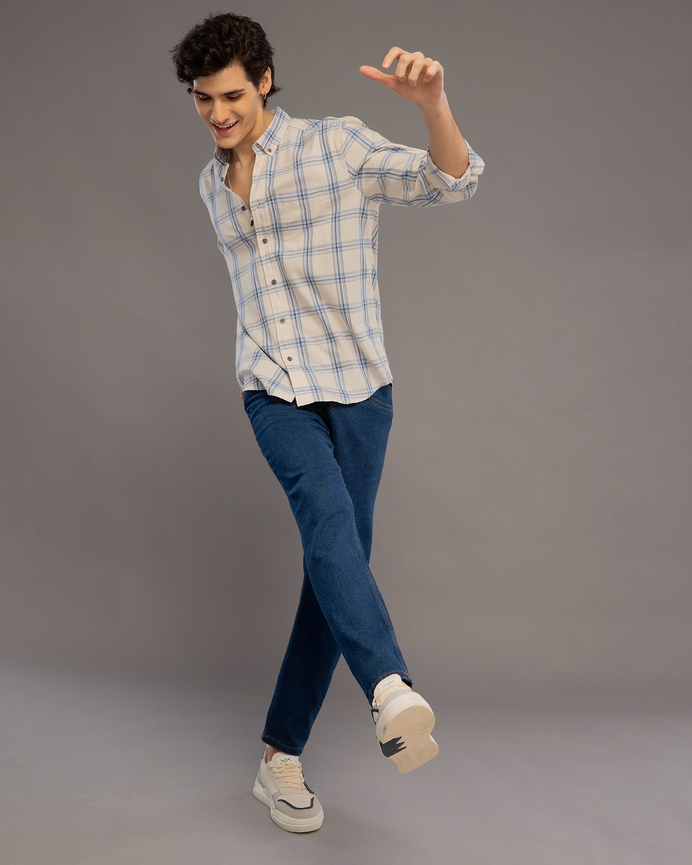 Cream And Blue Check Shirt