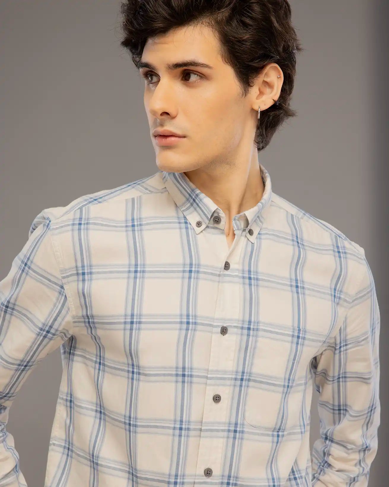 Cream And Blue Check Shirt