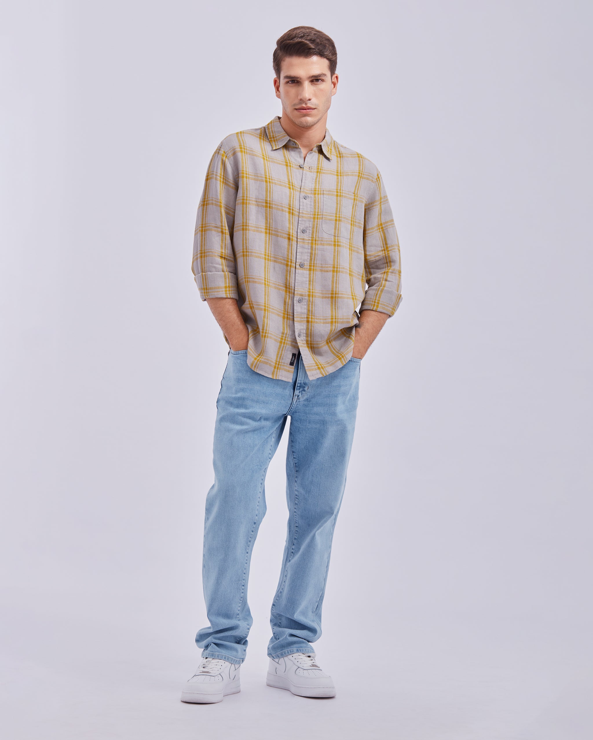 Grey And Yellow Linen Check Shirt