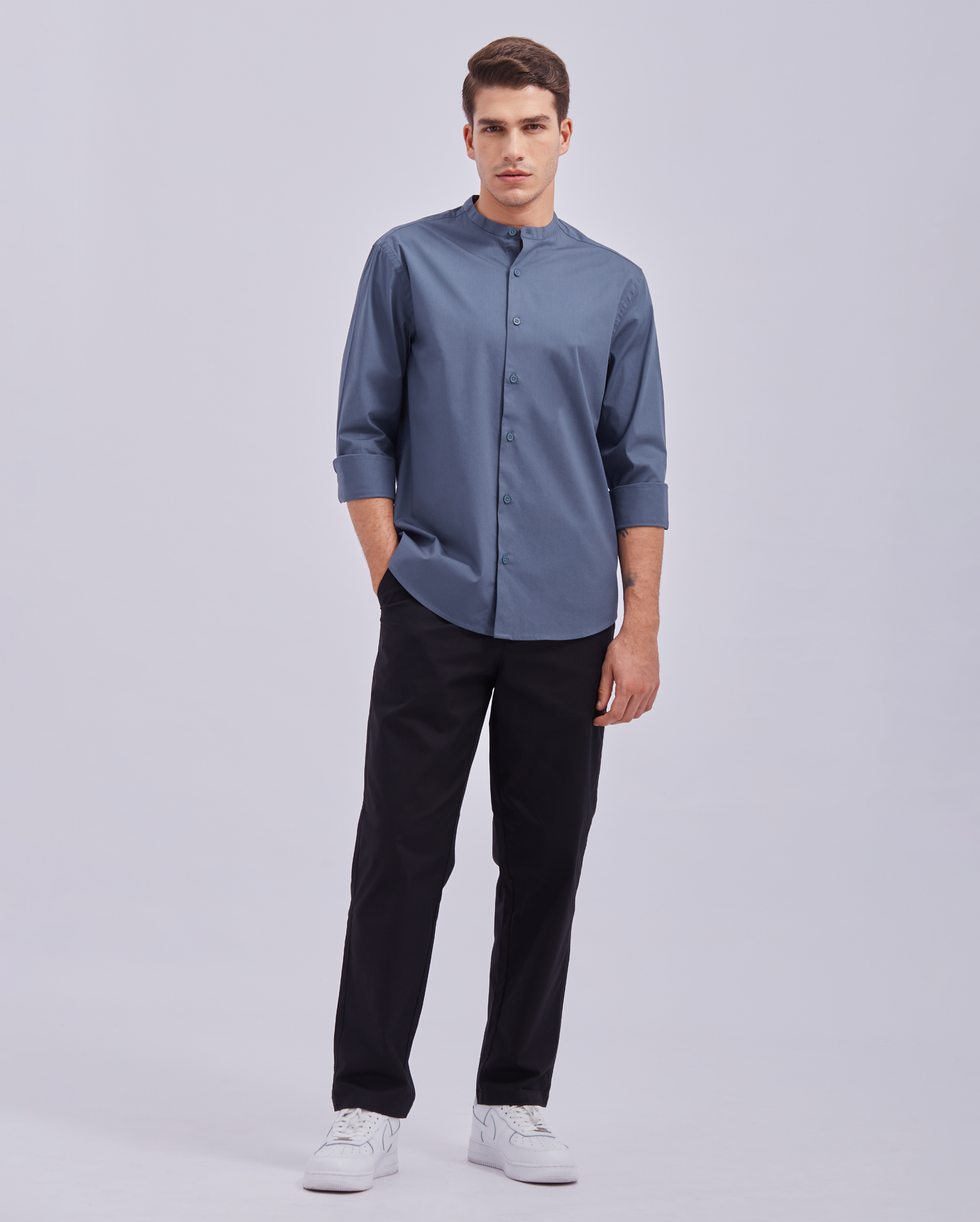 Slate Blue Mandarin Collar Shirt