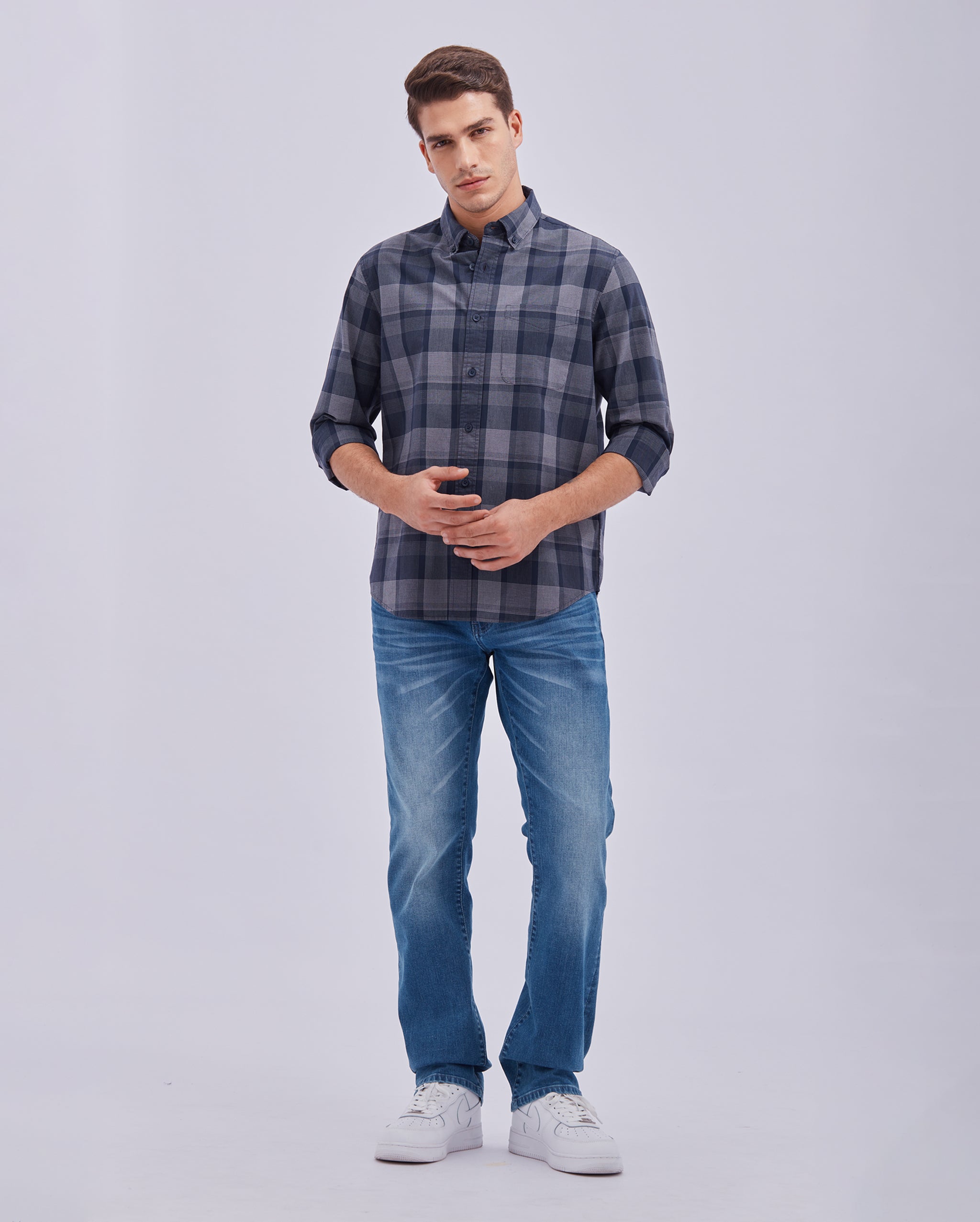 Navy Blue And Grey Check Shirt