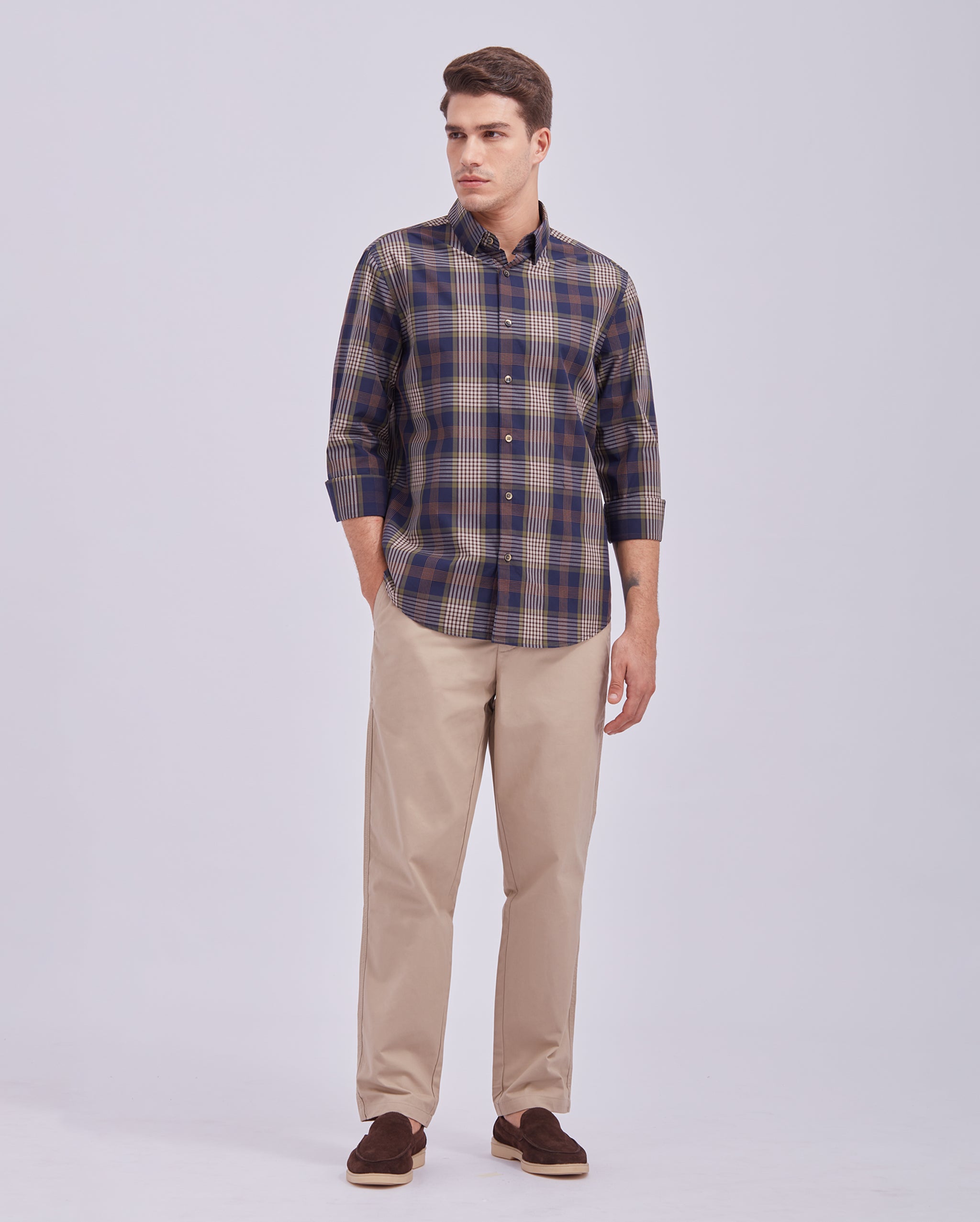 Navy Blue And Beige Check Shirt
