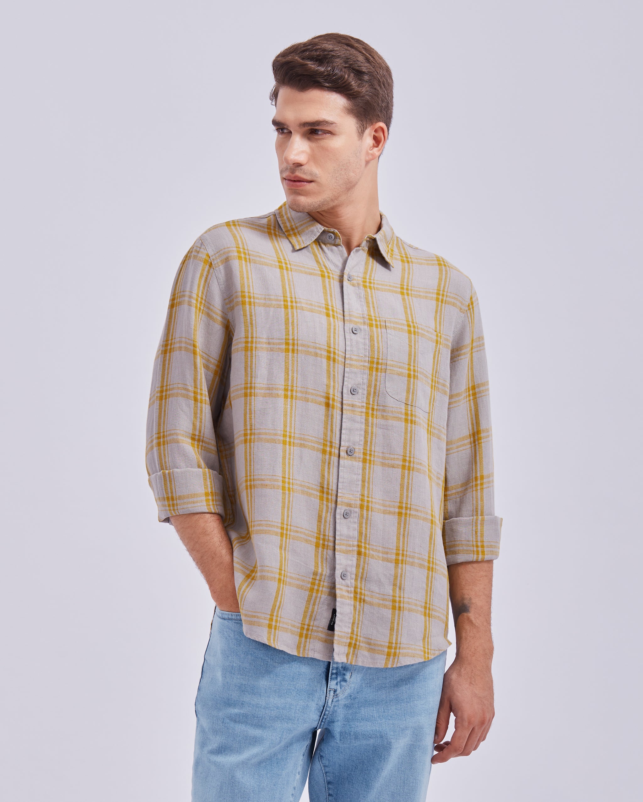 Grey And Yellow Linen Check Shirt