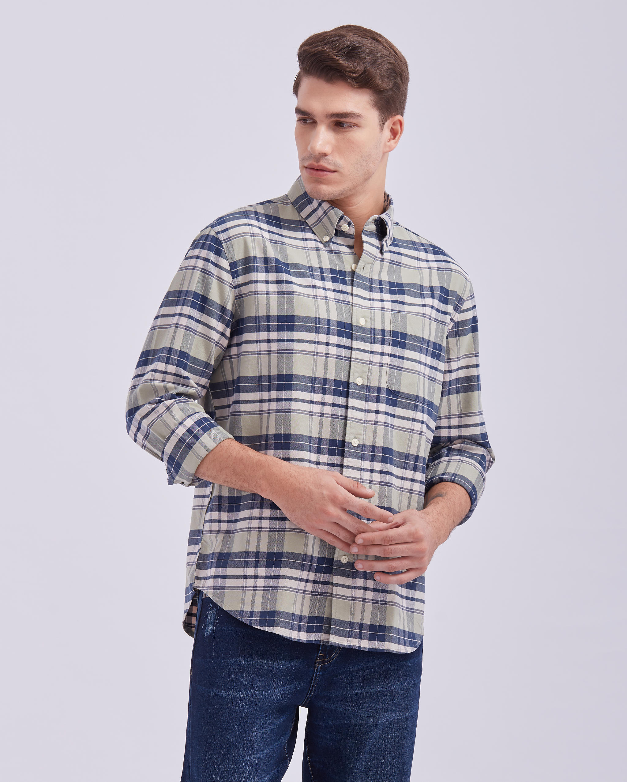 Sand And Navy Check Shirt