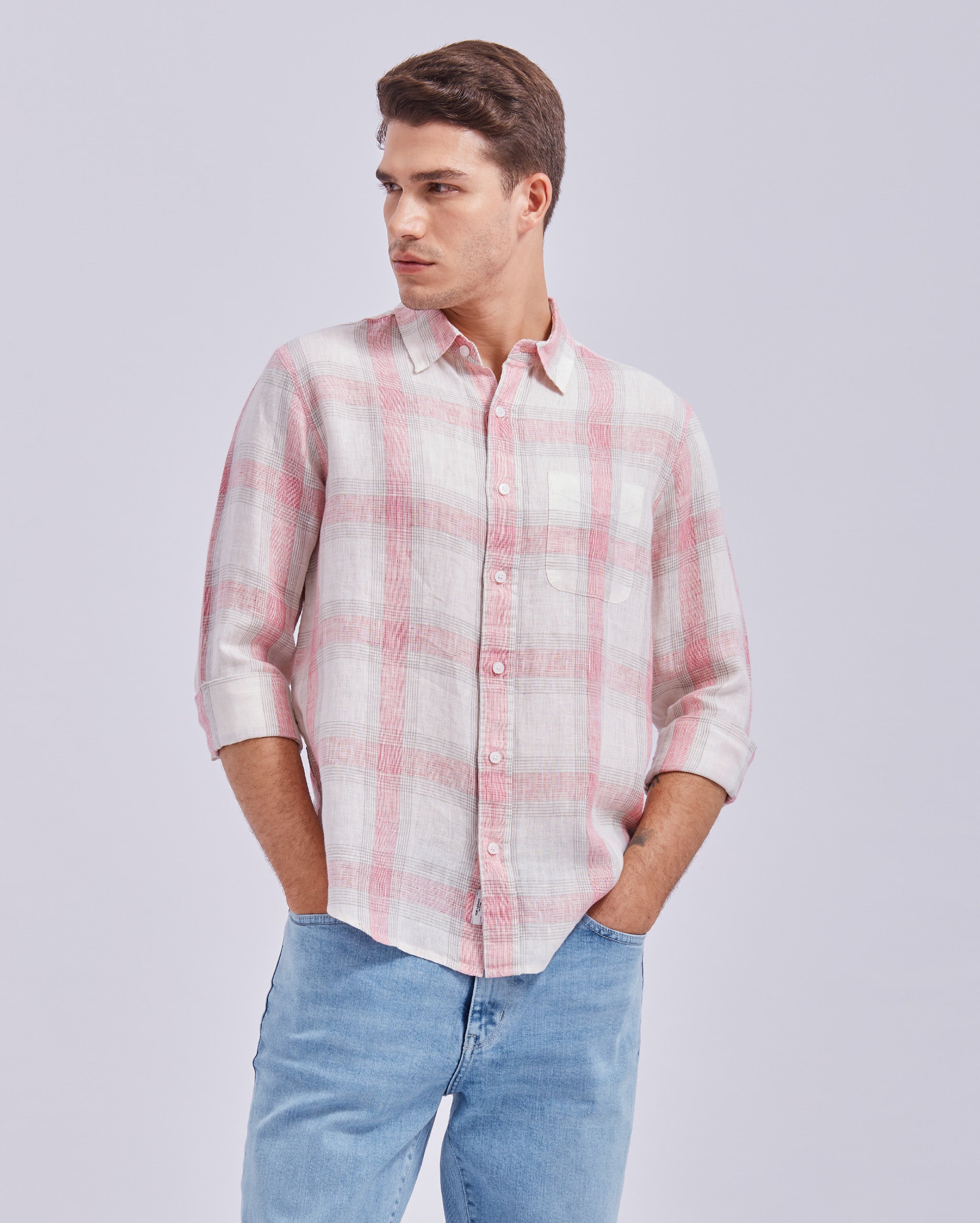 Soft Pink And White Linen Check Shirt