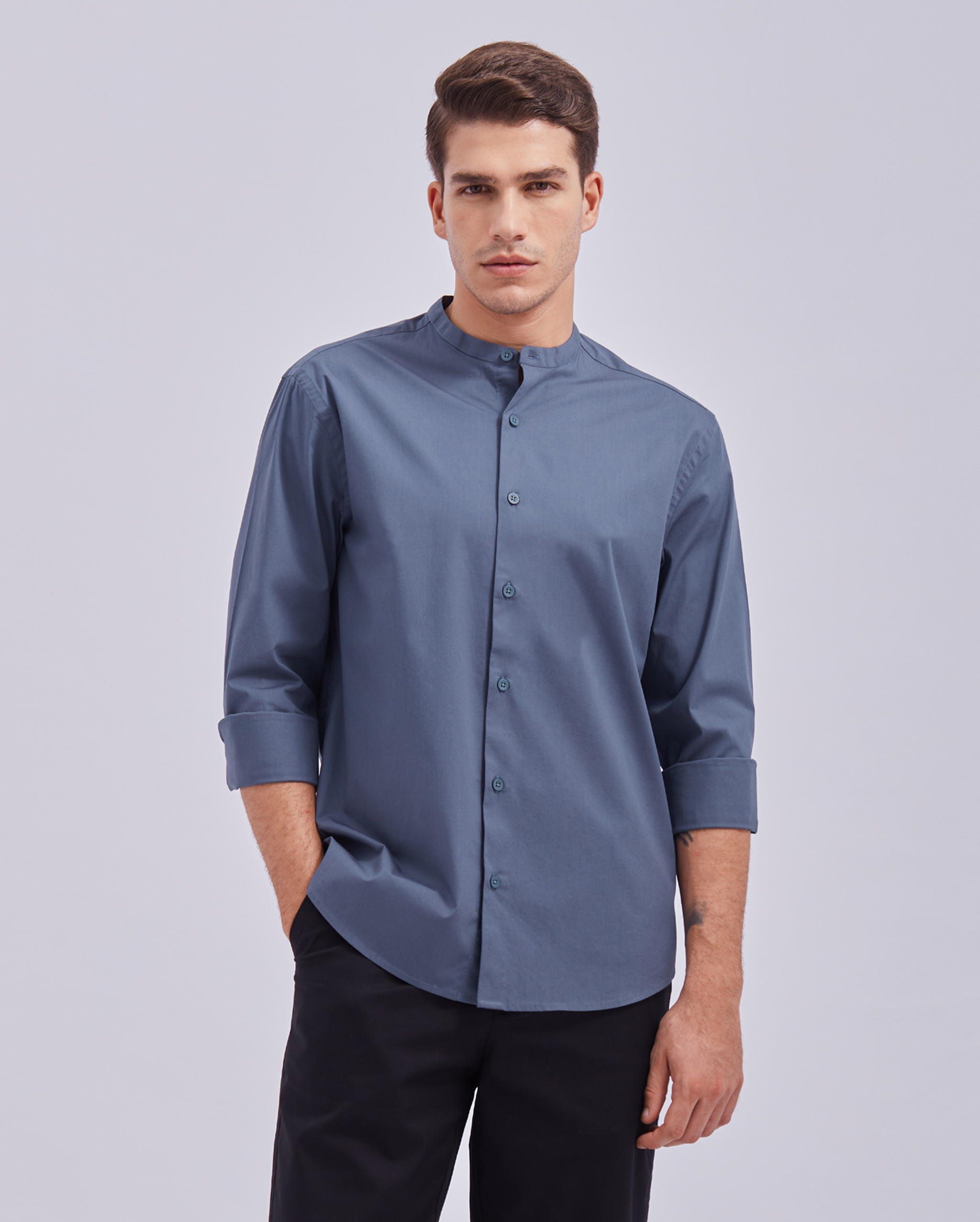 Slate Blue Mandarin Collar Shirt