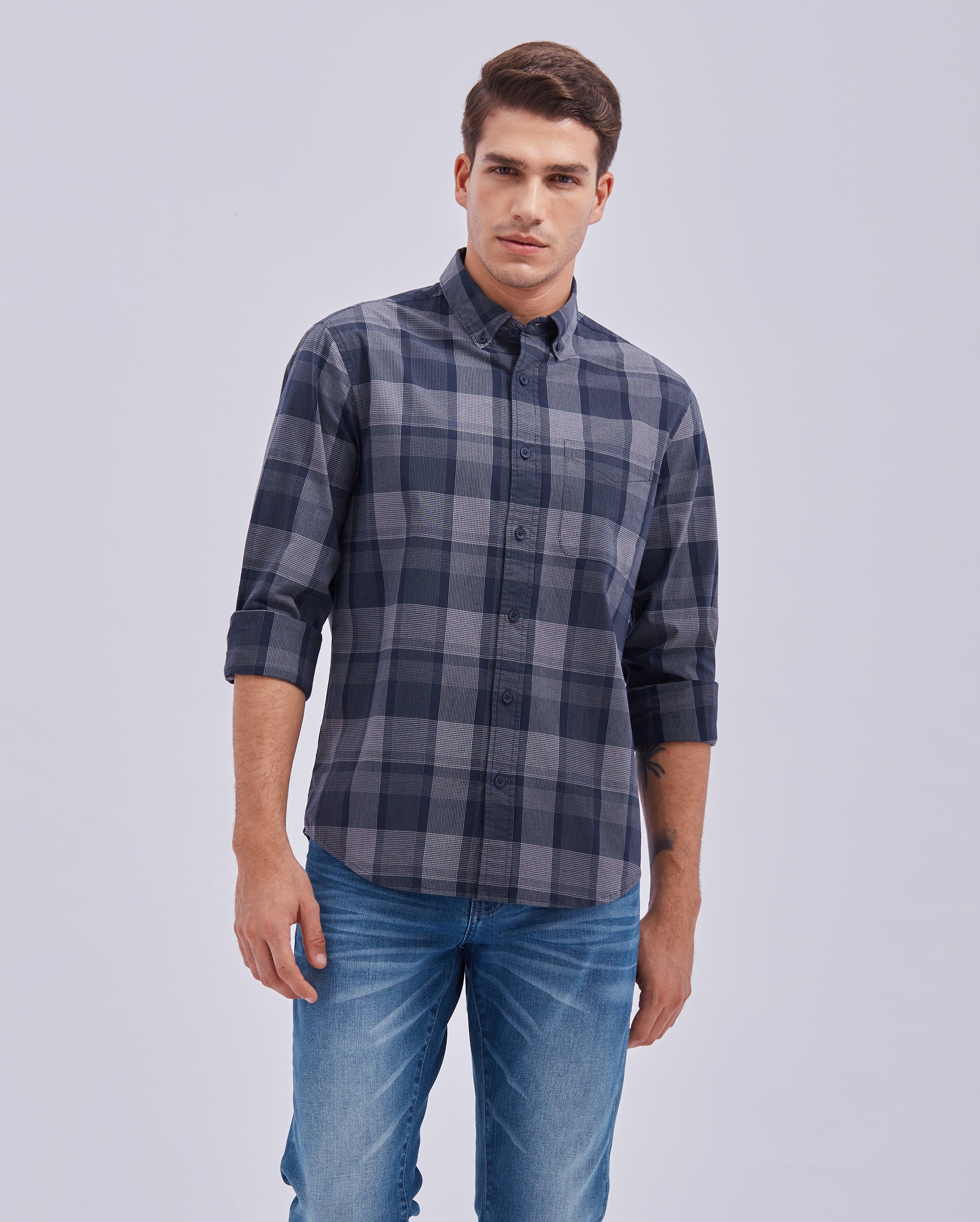 Navy Blue And Grey Check Shirt