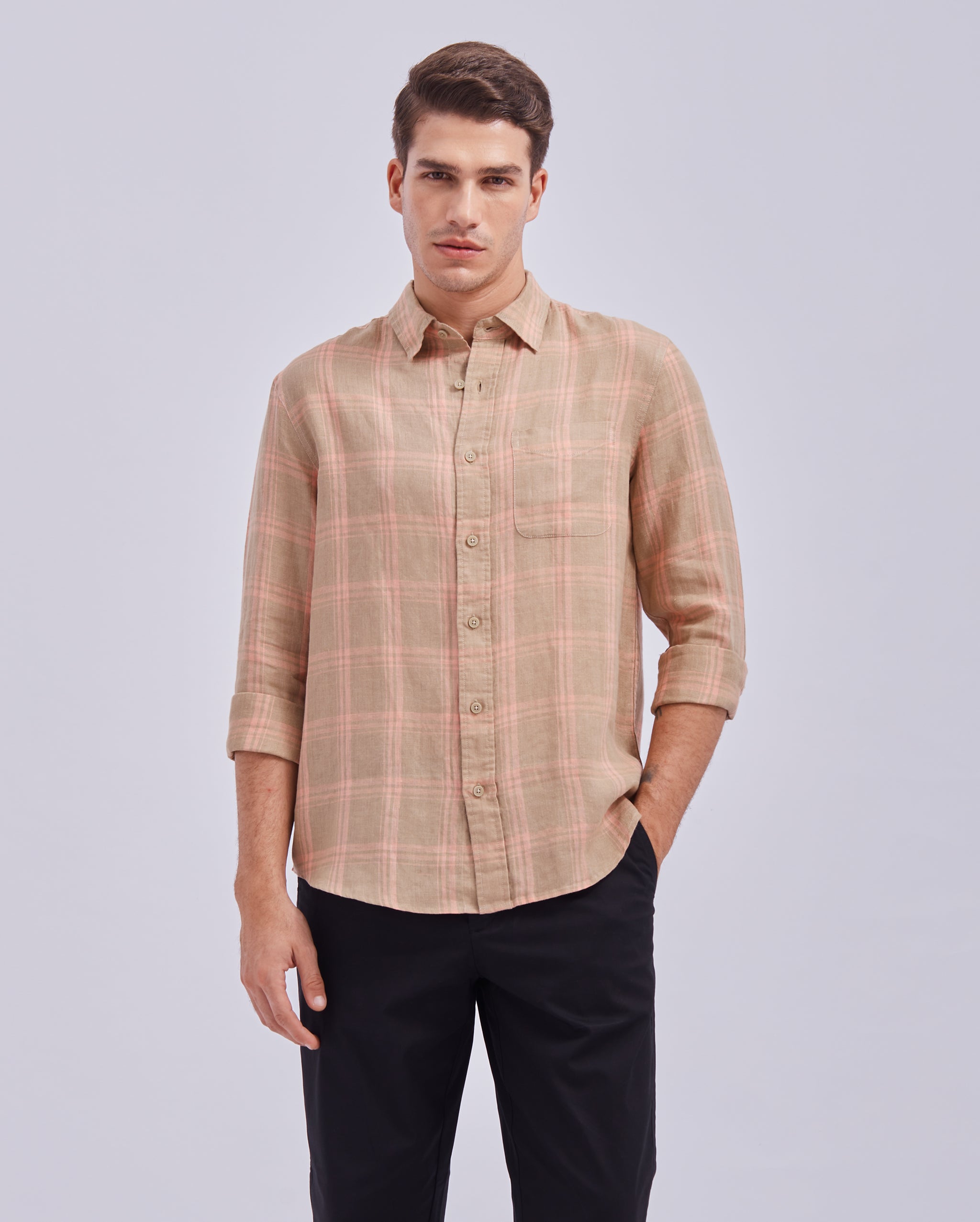 Beige Linen Check Shirt