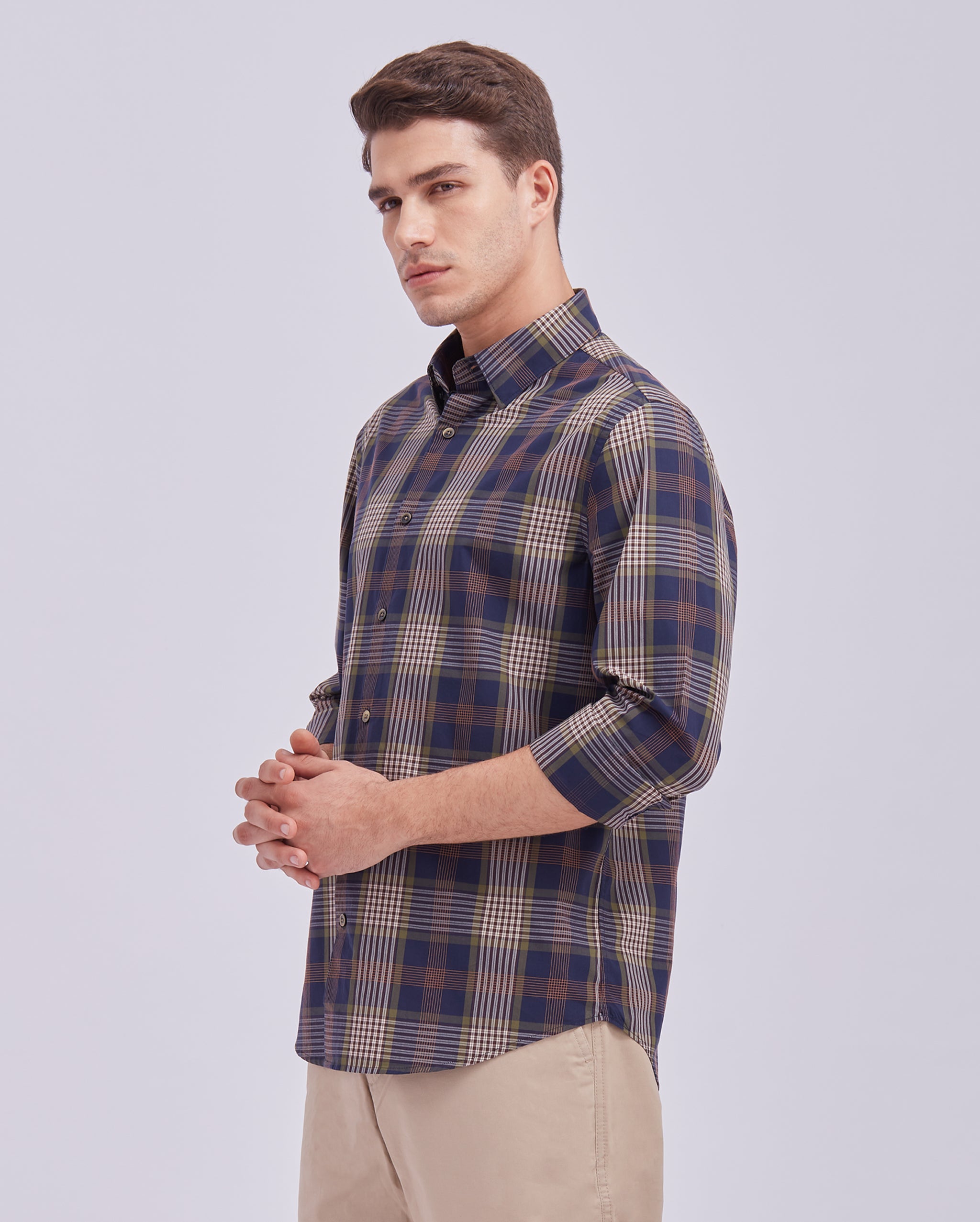 Navy Blue And Beige Check Shirt