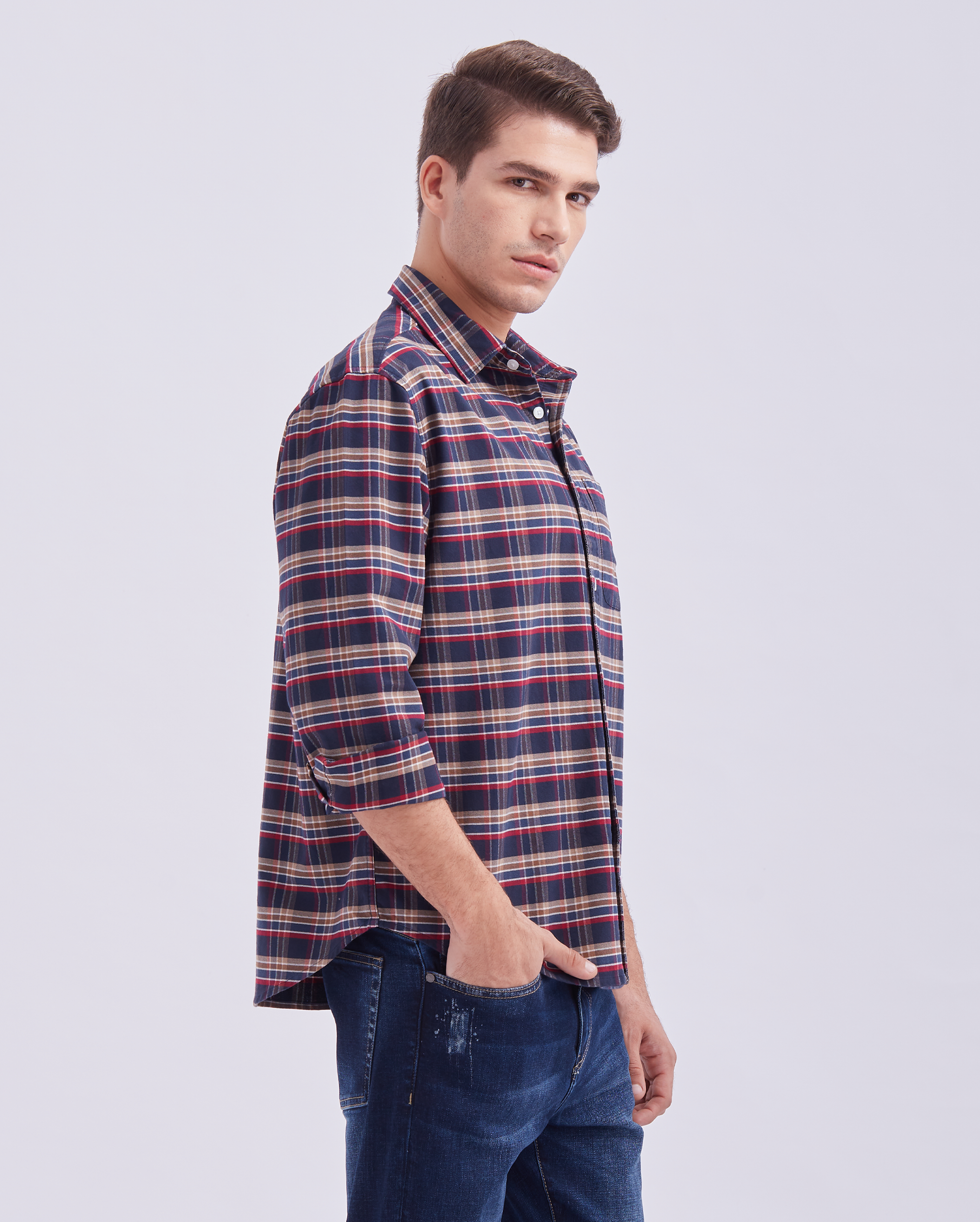 Navy Blue And Red Check Shirt