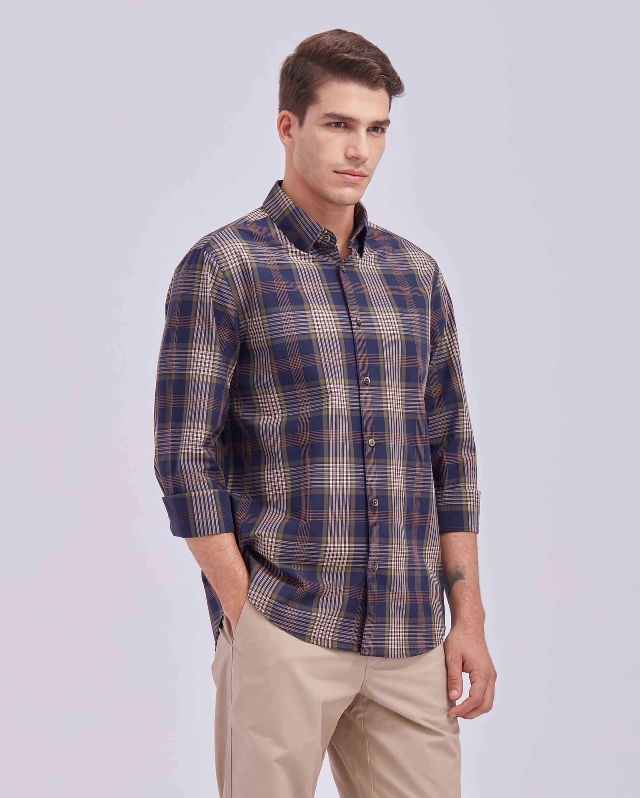 Navy Blue And Beige Check Shirt