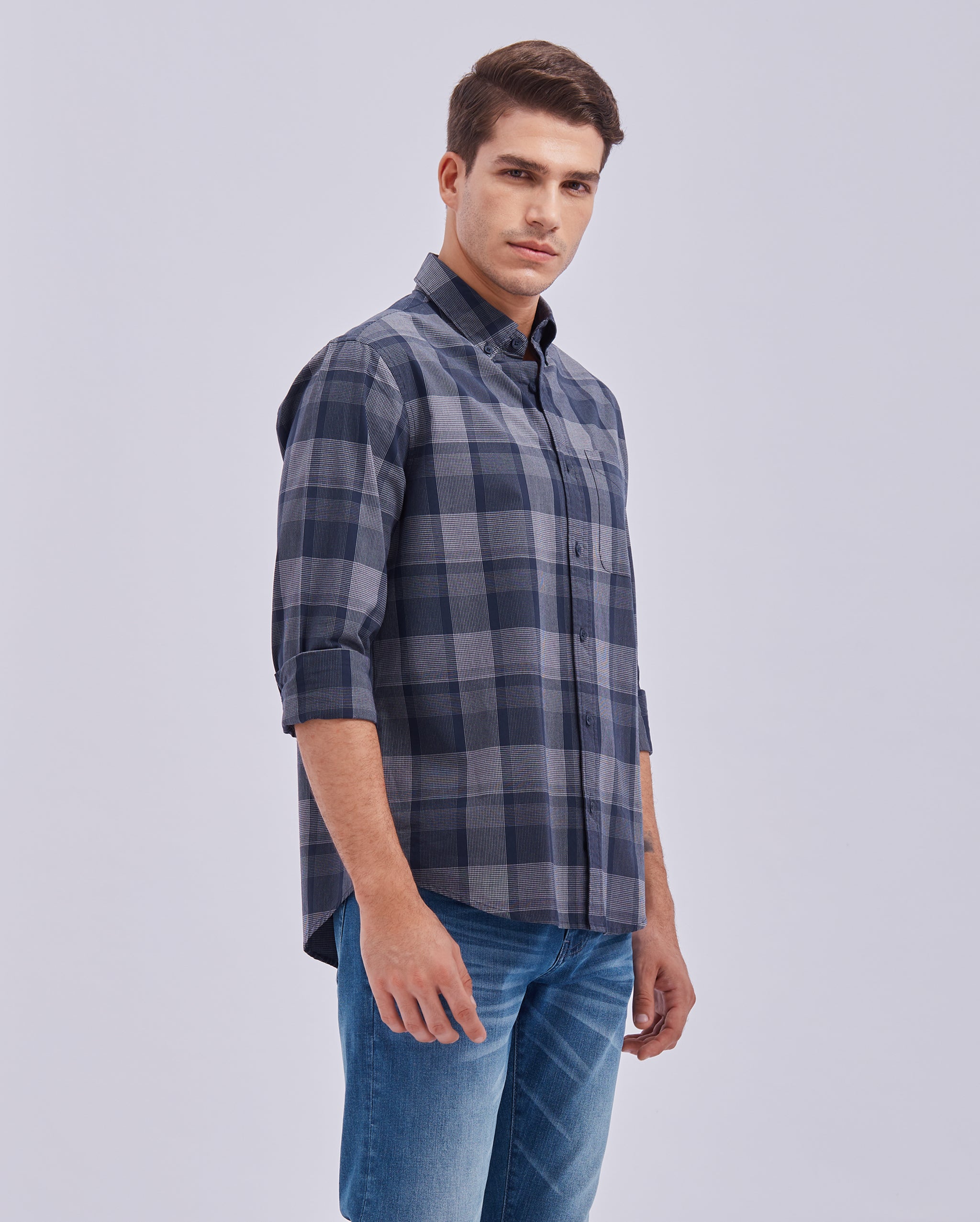 Navy Blue And Grey Check Shirt