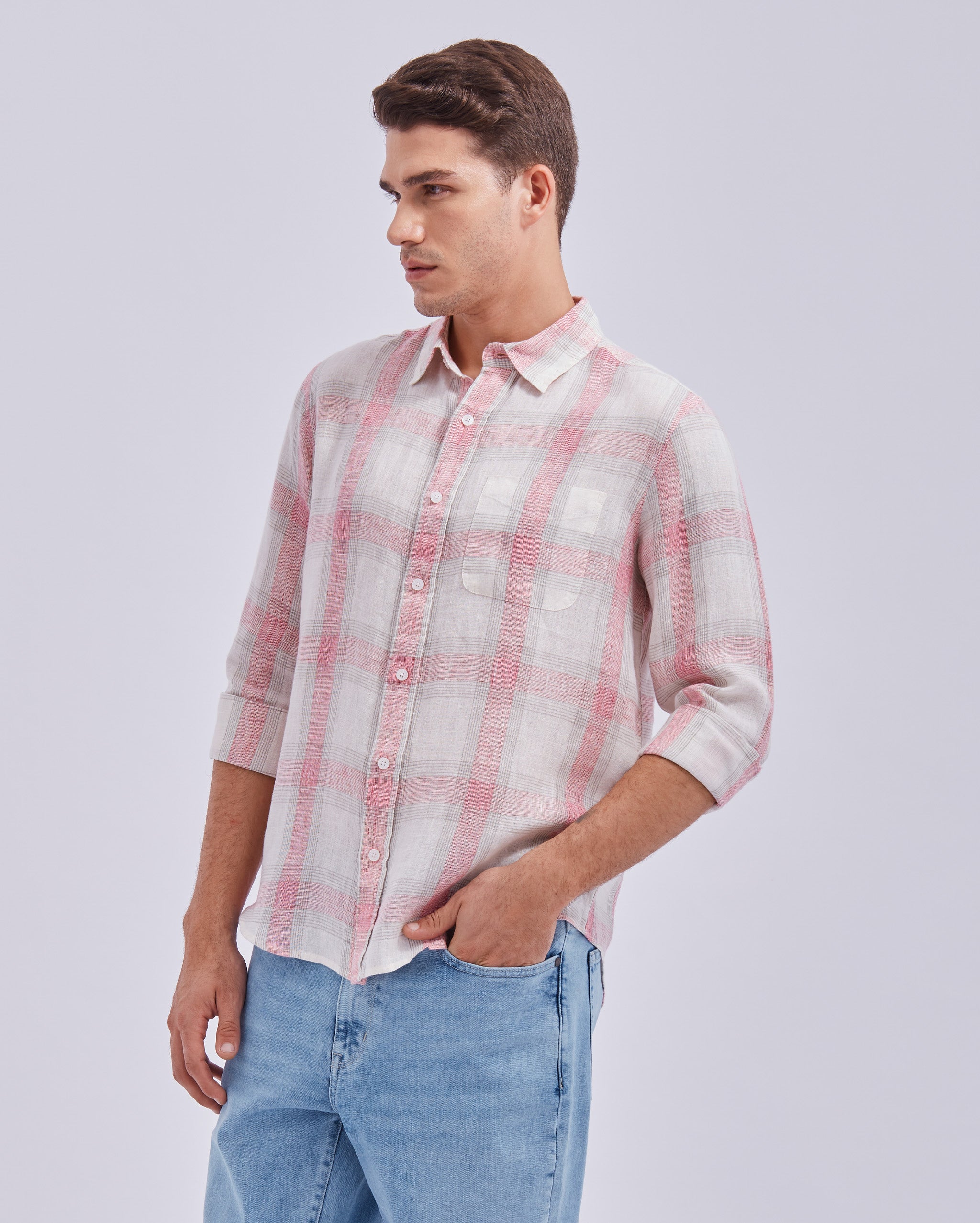 Soft Pink And White Linen Check Shirt