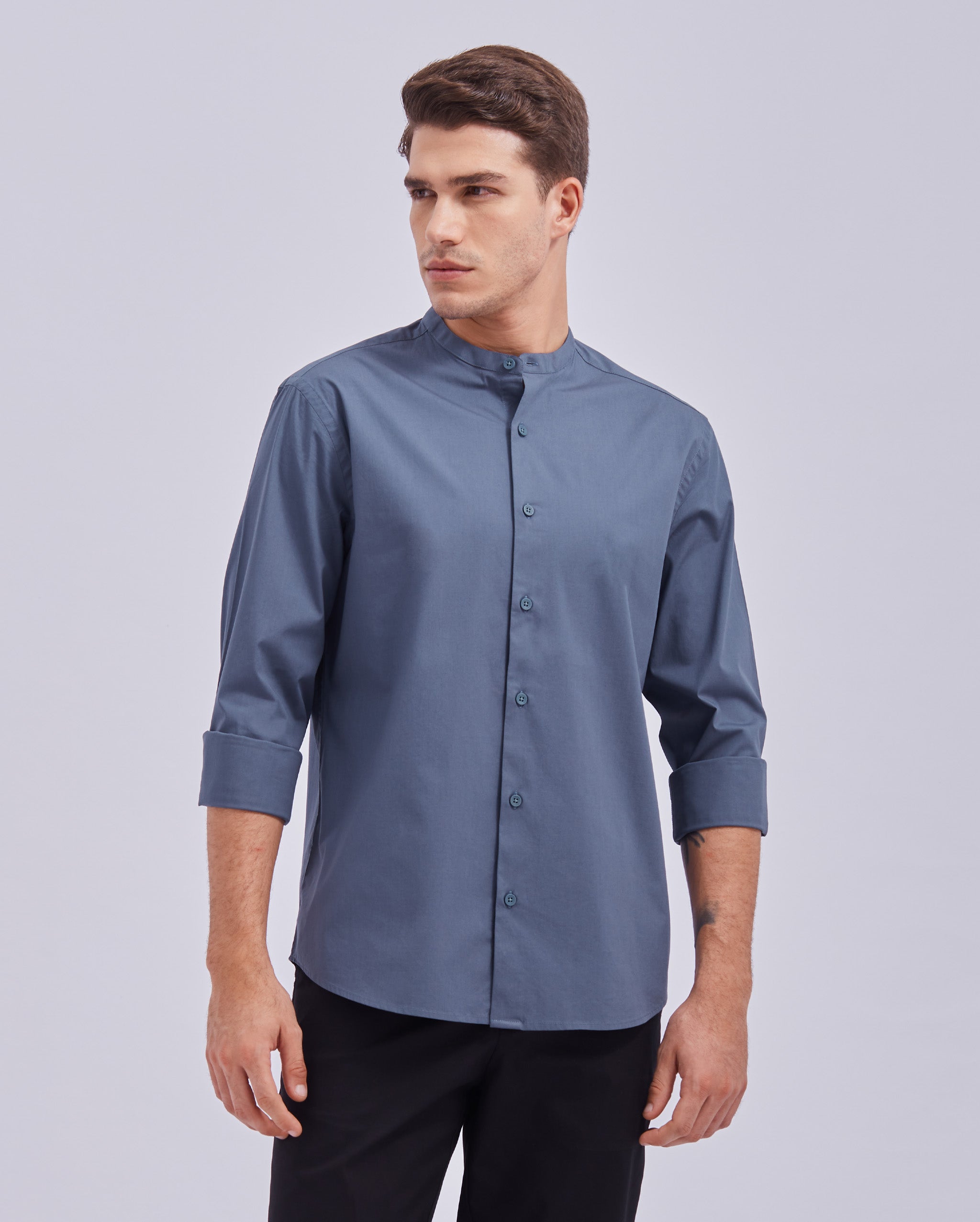 Slate Blue Mandarin Collar Shirt