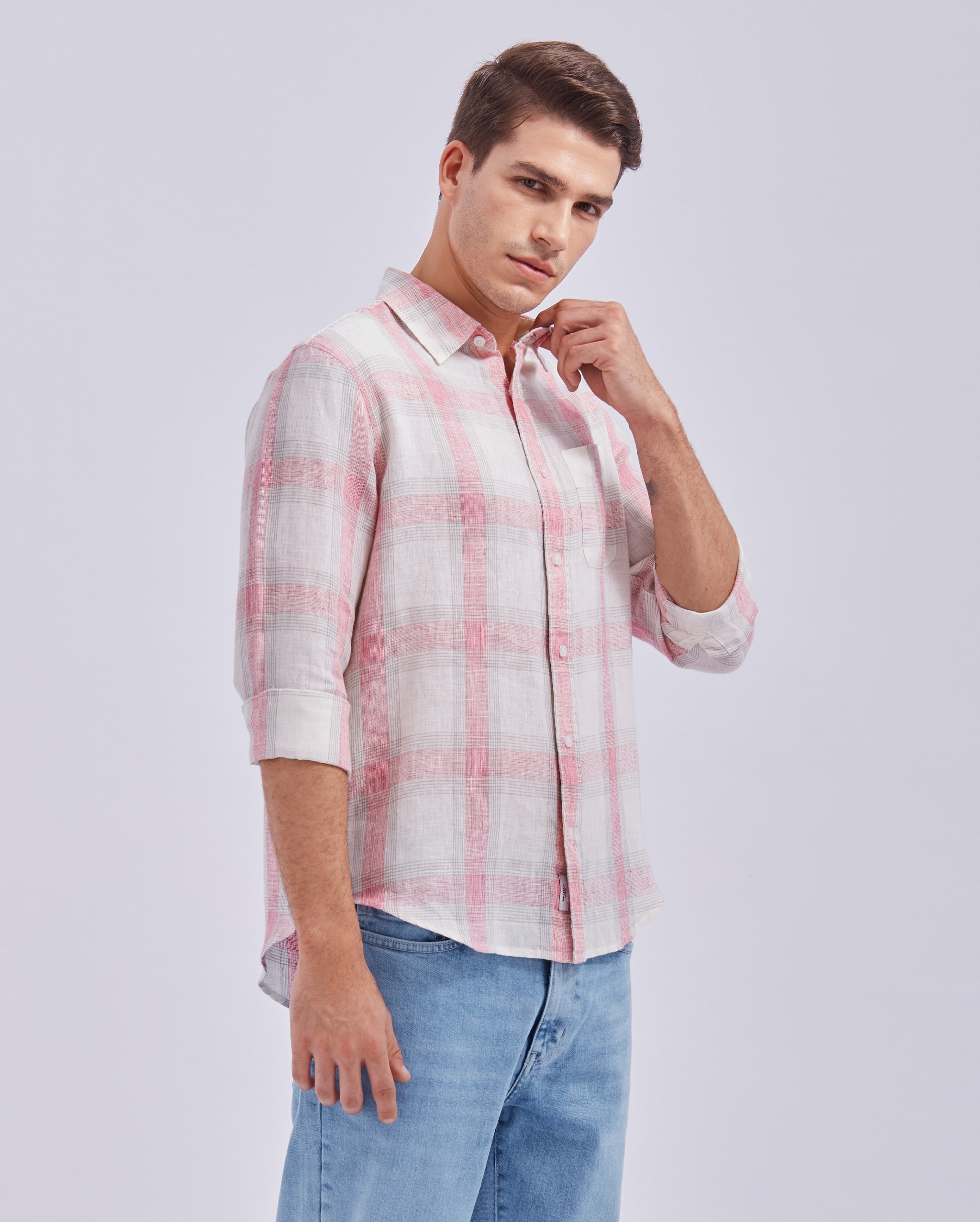Soft Pink And White Linen Check Shirt