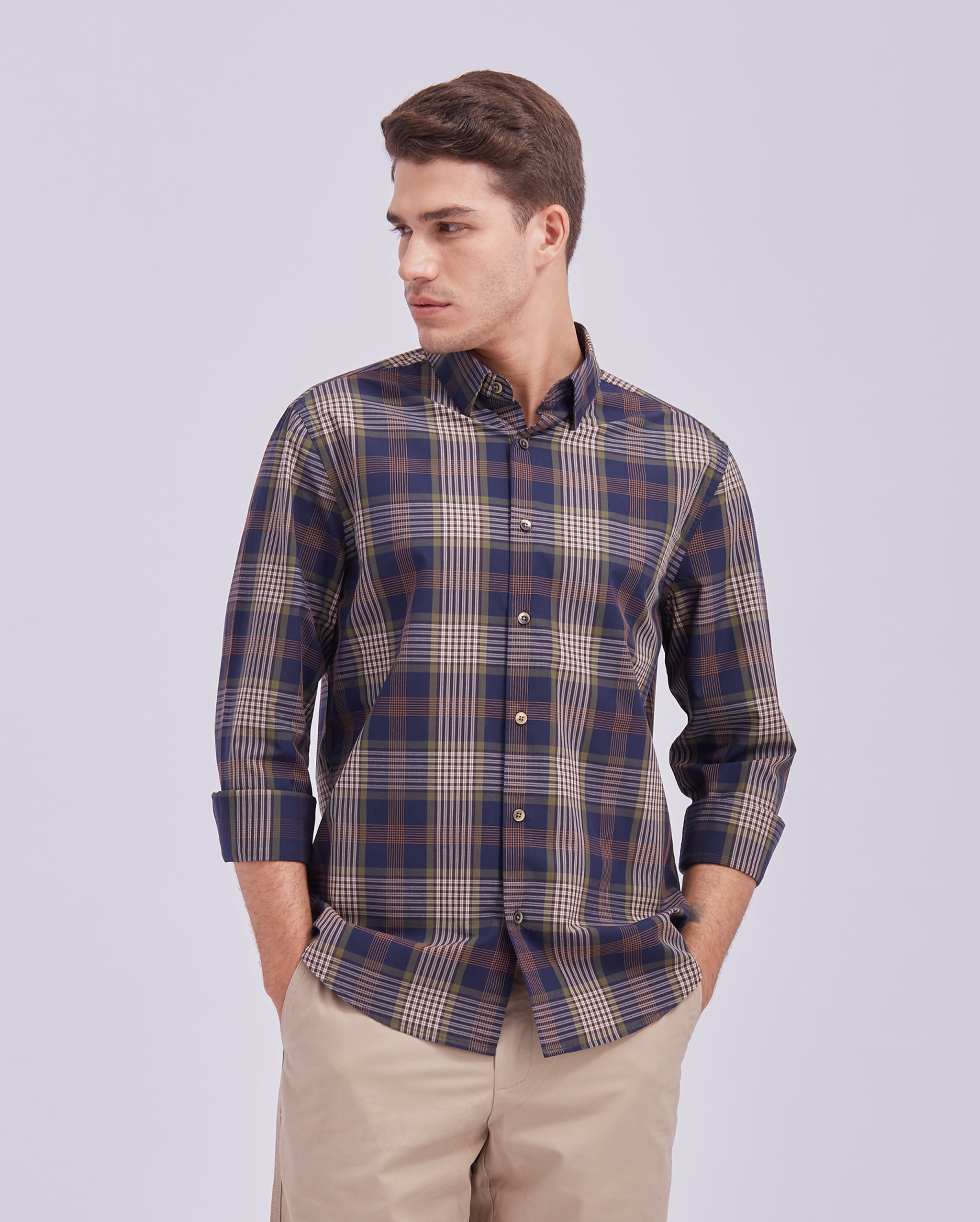 Navy Blue And Beige Check Shirt