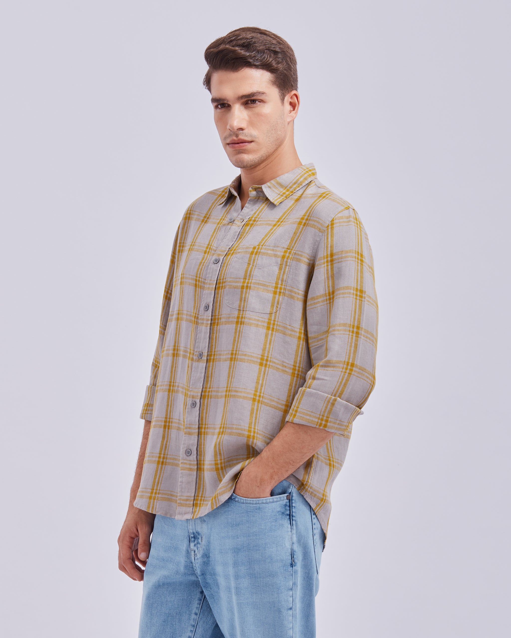 Grey And Yellow Linen Check Shirt
