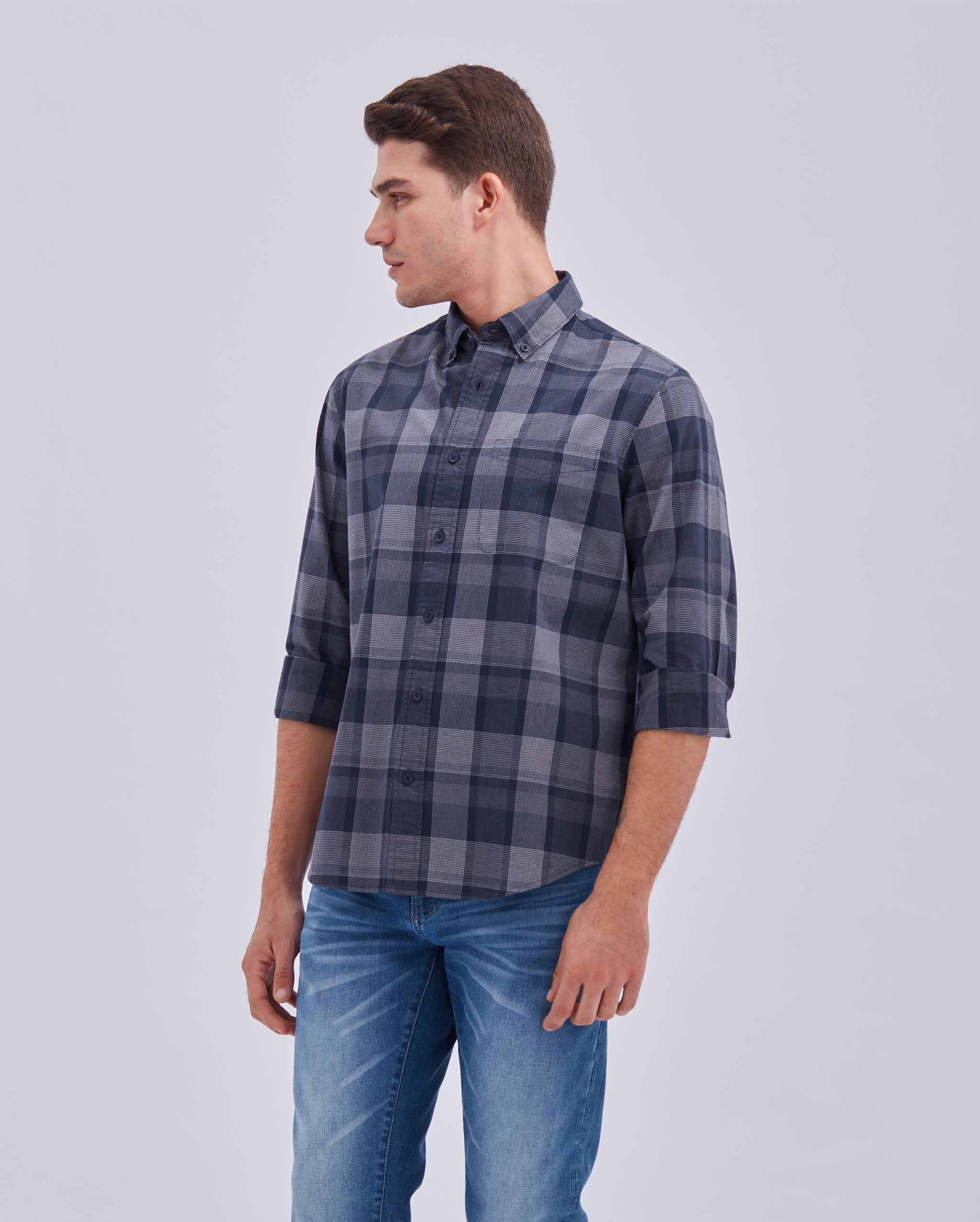 Navy Blue And Grey Check Shirt