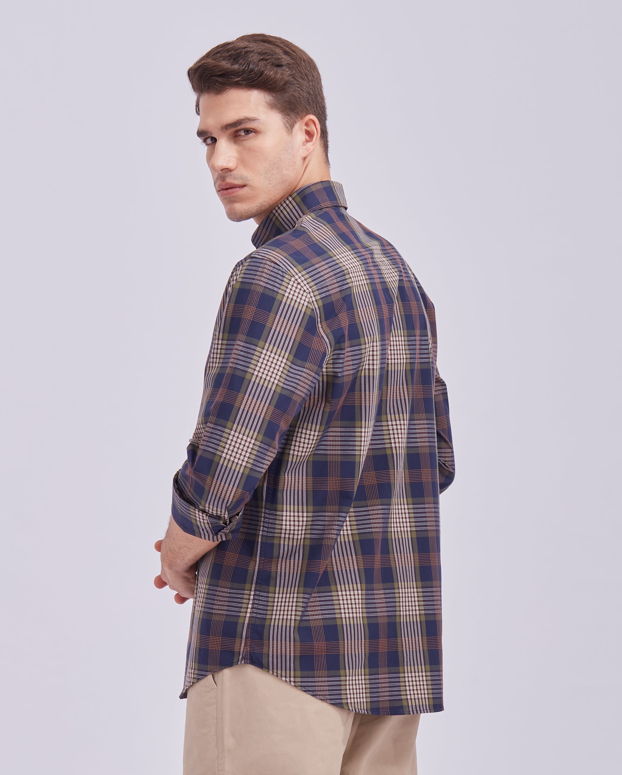 Navy Blue And Beige Check Shirt
