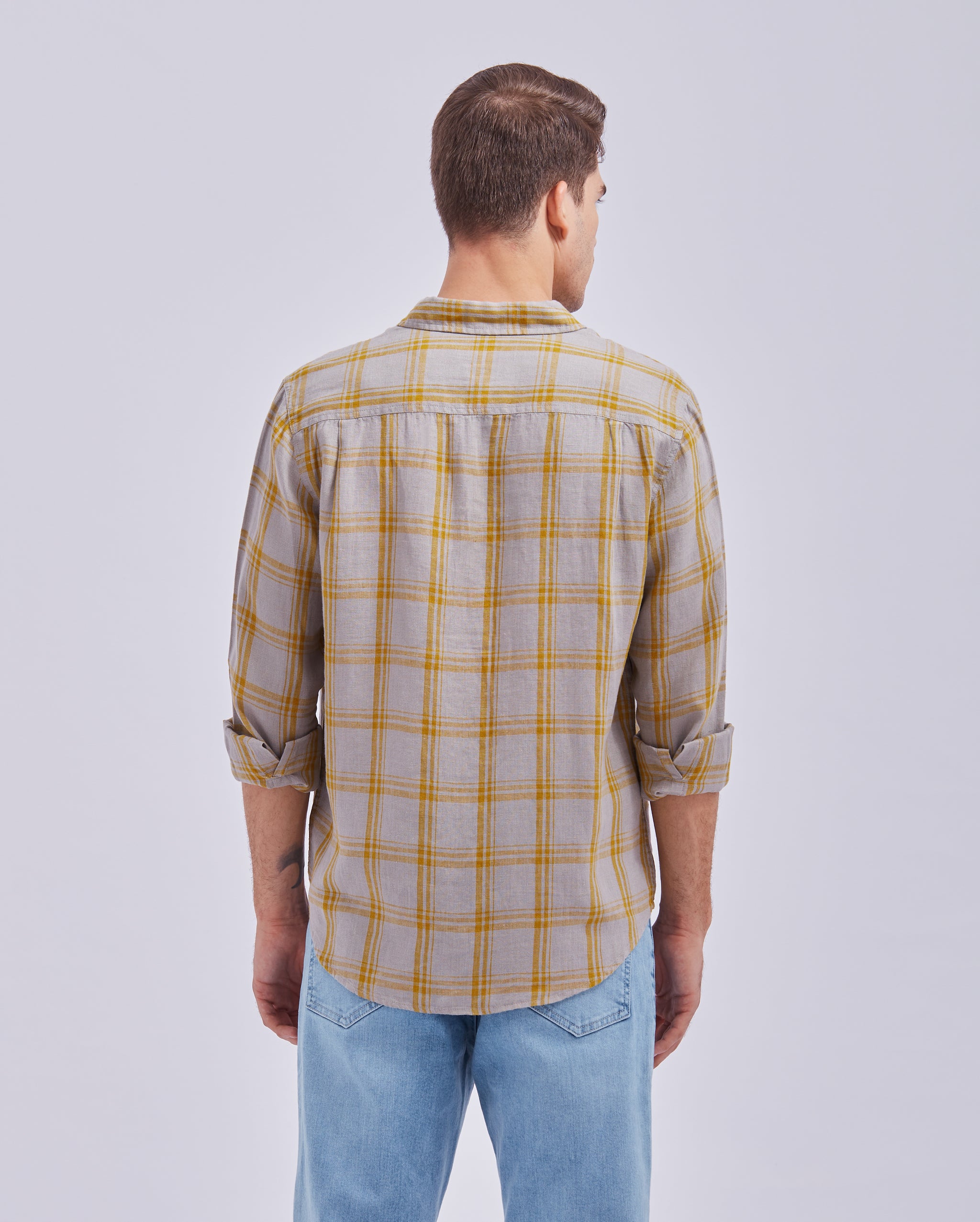 Grey And Yellow Linen Check Shirt