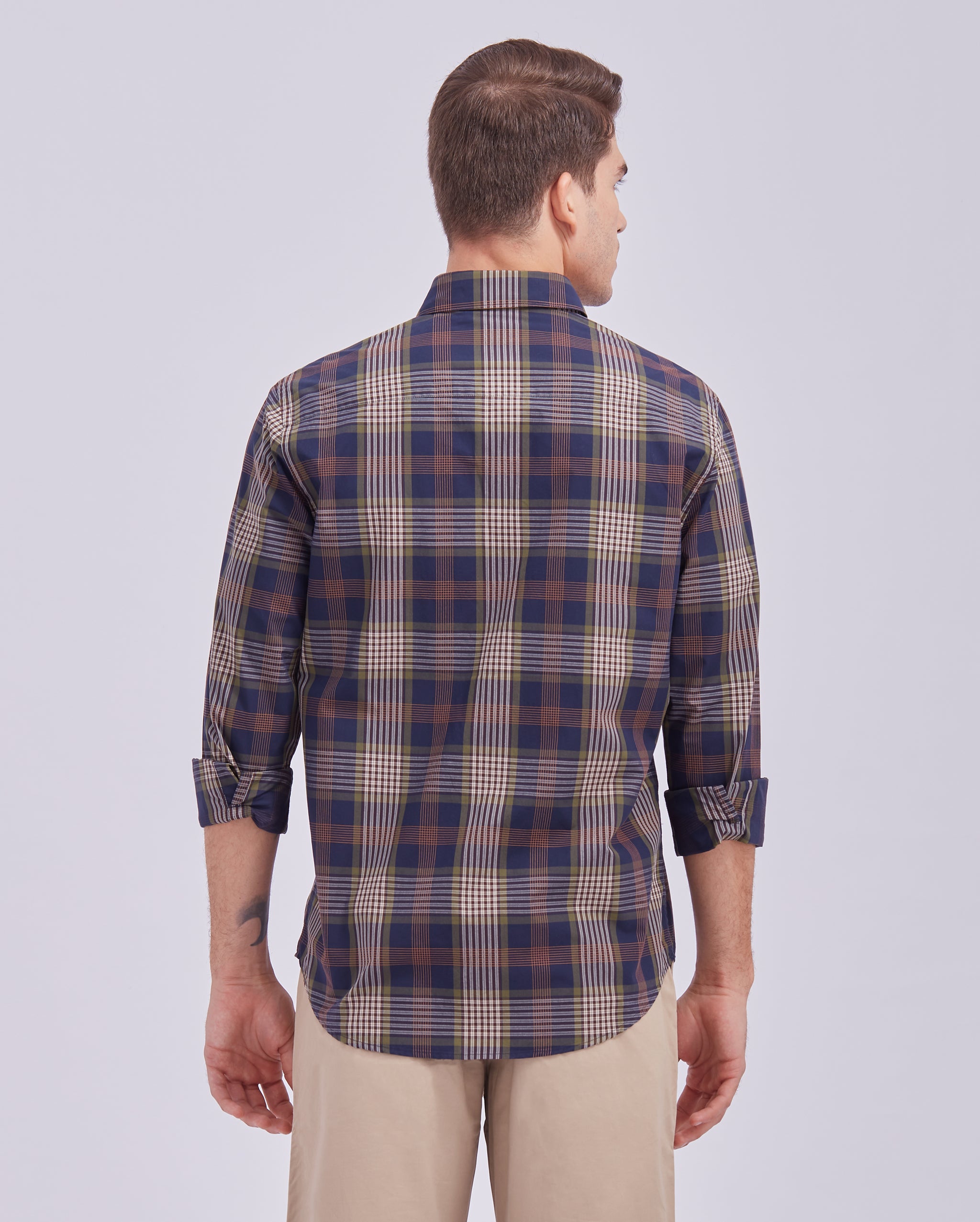 Navy Blue And Beige Check Shirt